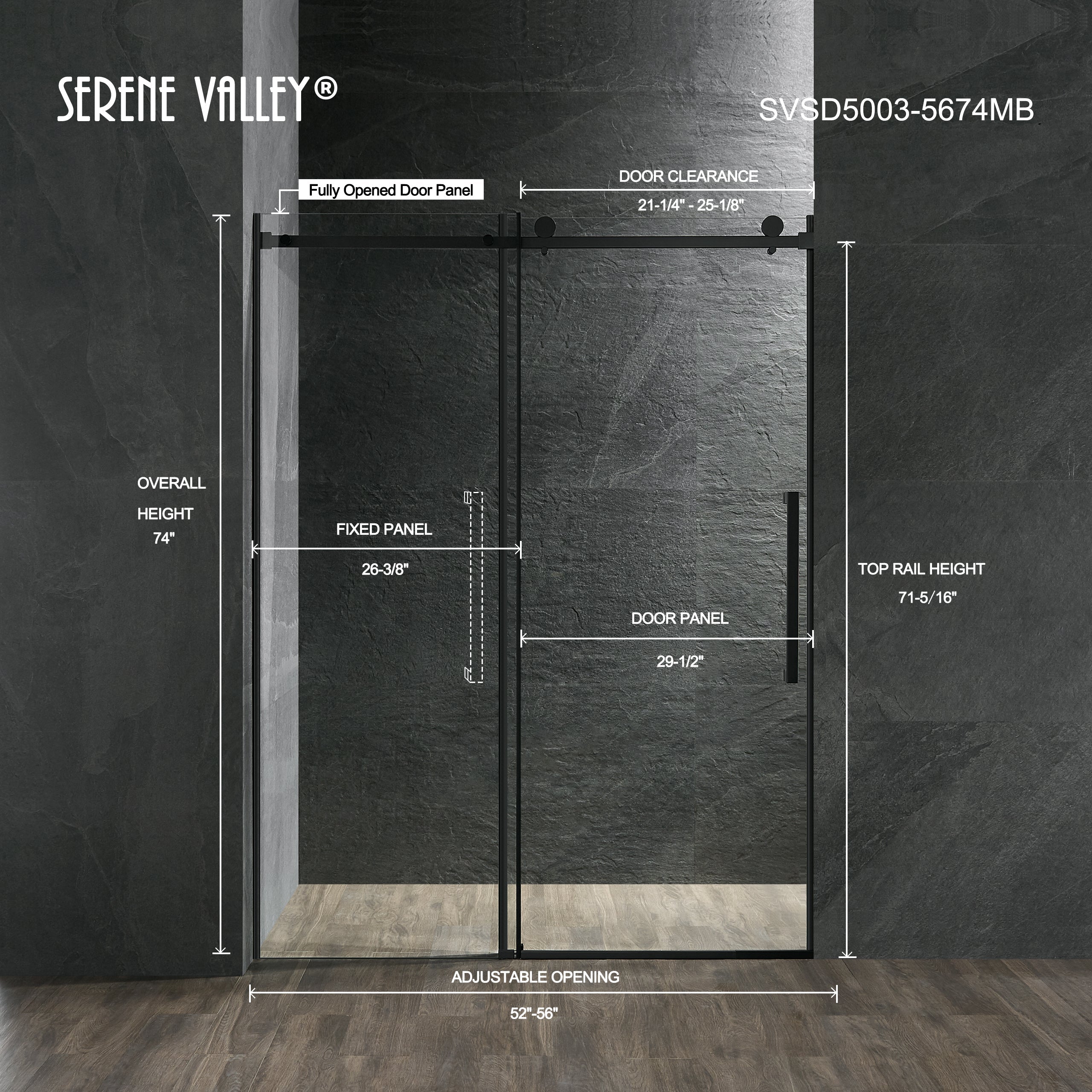 Serene Valley Square Rail Frameless Sliding Shower Door SVSD5003-5674MB, Easy-Clean Coating 3/8" Tempered Glass - 304 Stainless Steel Hardware in Matte Black 52"- 56"W x 74"H-Serene Valley