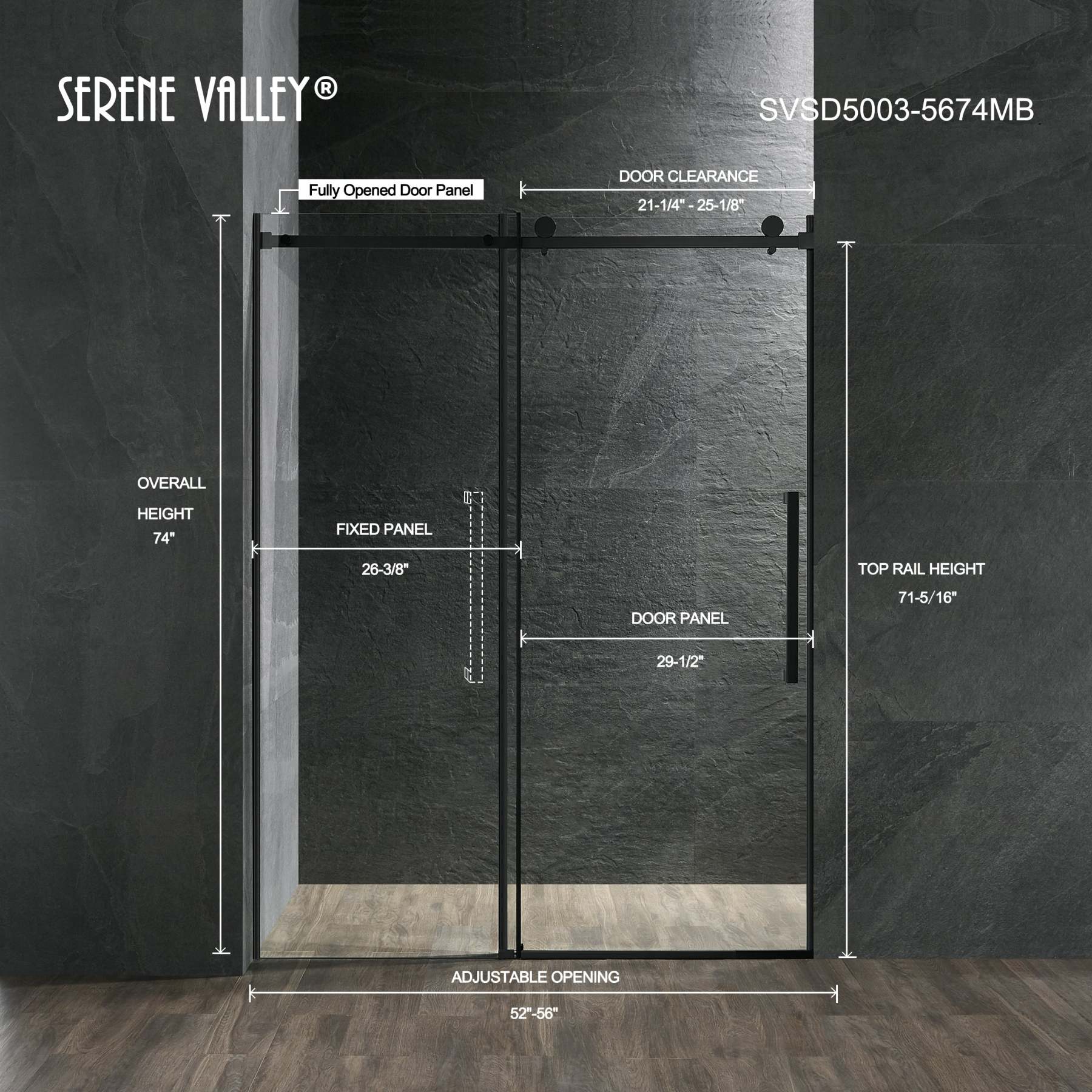 Serene Valley Square Rail Frameless Sliding Shower Door SVSD5003-5674MB, Easy-Clean Coating 3/8" Tempered Glass - 304 Stainless Steel Hardware in Matte Black 52"- 56"W x 74"H-Serene Valley