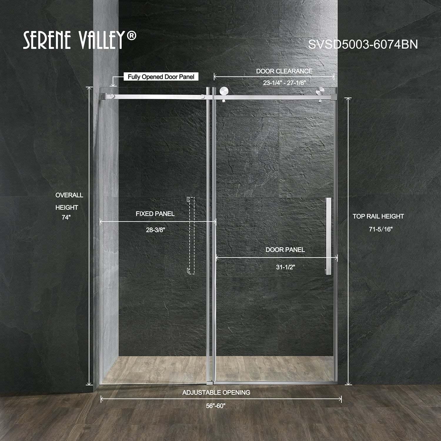 Serene Valley Square Rail Frameless Sliding Shower Door SVSD5003-6074BN, Easy-Clean Coating 3/8" Tempered Glass - 304 Stainless Steel Hardware in Brushed Nickel 56"- 60"W x 74"H-Serene Valley