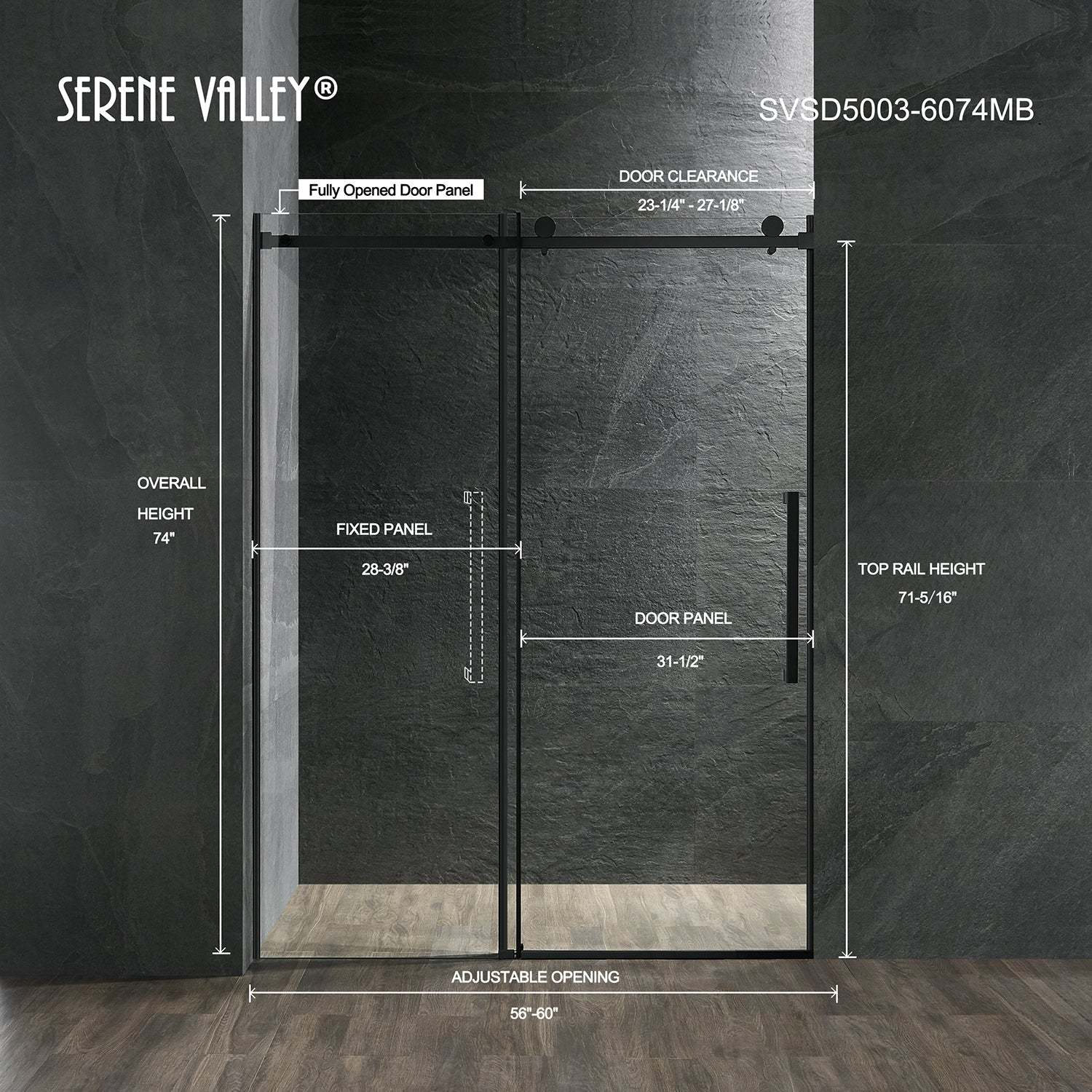Serene Valley Square Rail Frameless Sliding Shower Door SVSD5003-6074MB, Easy-Clean Coating 3/8" Tempered Glass - 304 Stainless Steel Hardware in Matte Black 56"- 60"W x 74"H-Serene Valley