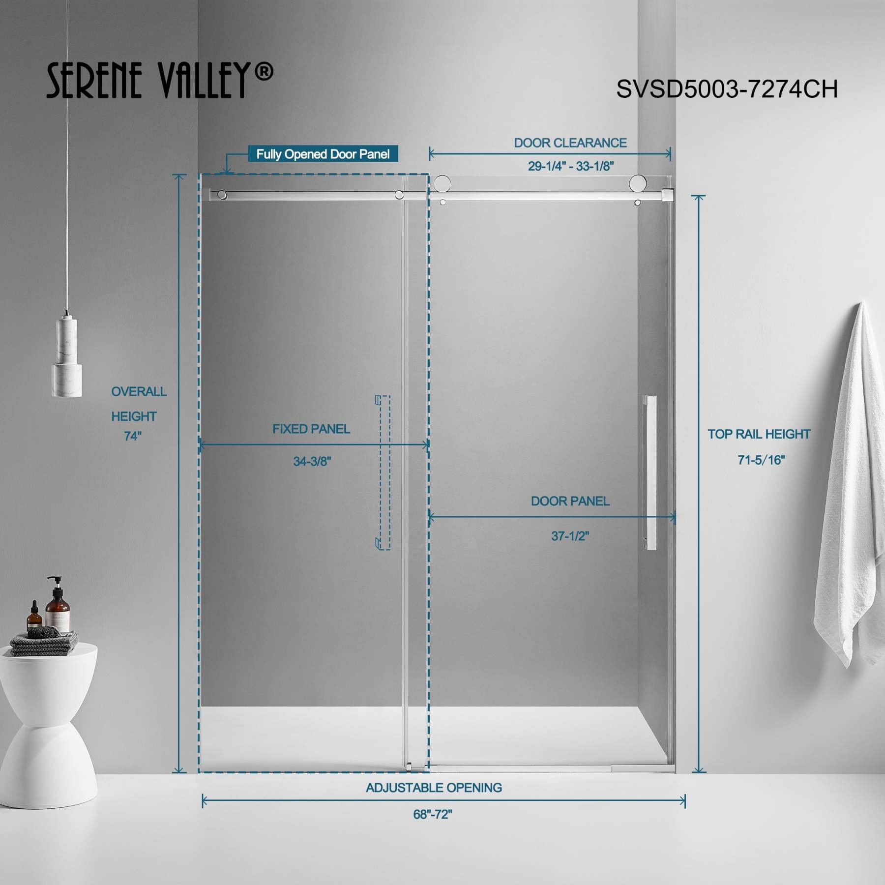 Serene Valley Square Rail Frameless Sliding Shower Door SVSD5003-7274CH, Easy-Clean Coating 3/8" Tempered Glass - 304 Stainless Steel Hardware in Chrome 68"- 72"W x 74"H-Serene Valley
