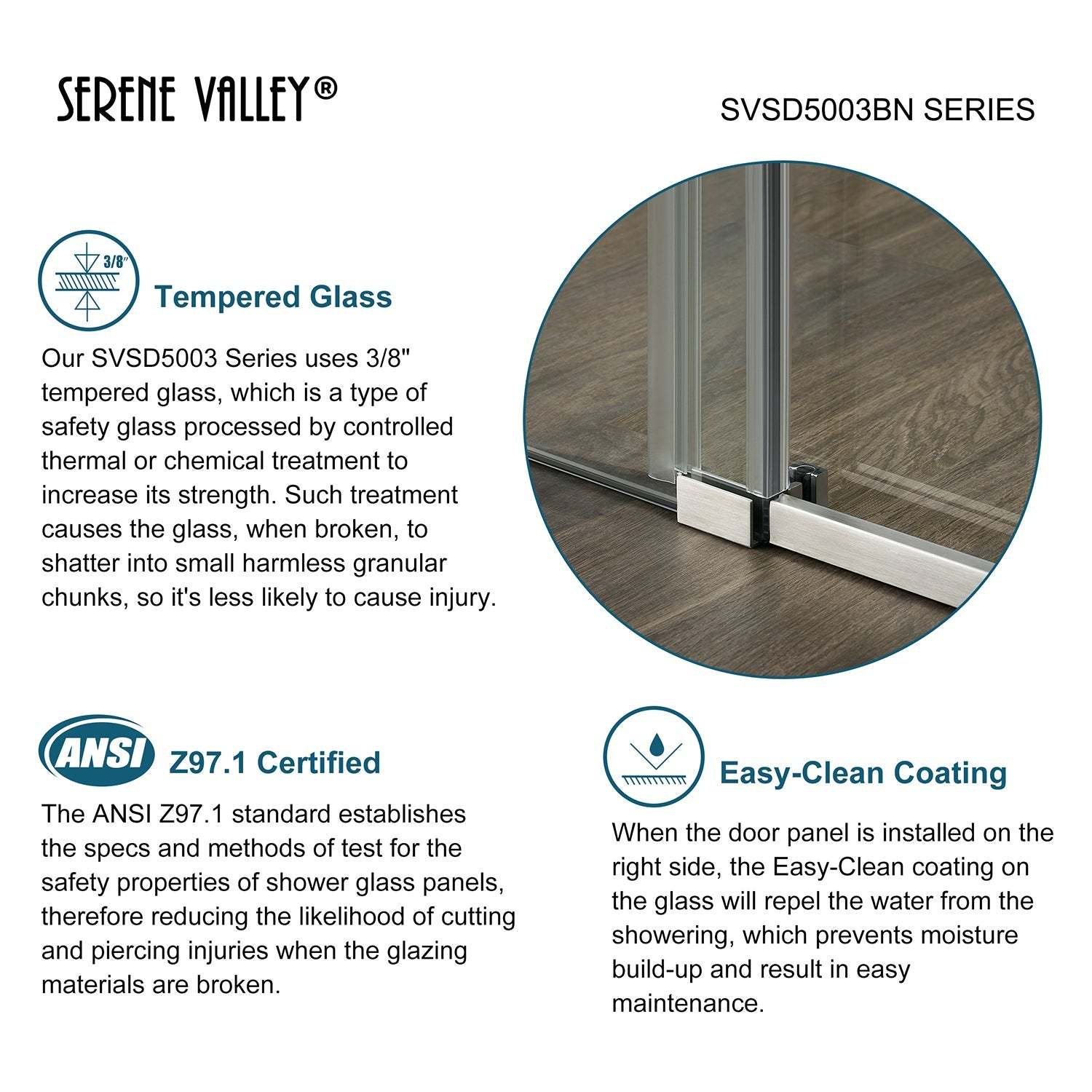 Serene Valley Square Rail Frameless Sliding Shower Door SVSD5003-7274BN, Easy-Clean Coating 3/8" Tempered Glass - 304 Stainless Steel Hardware in Brushed Nickel 68"- 72"W x 74"H-Serene Valley
