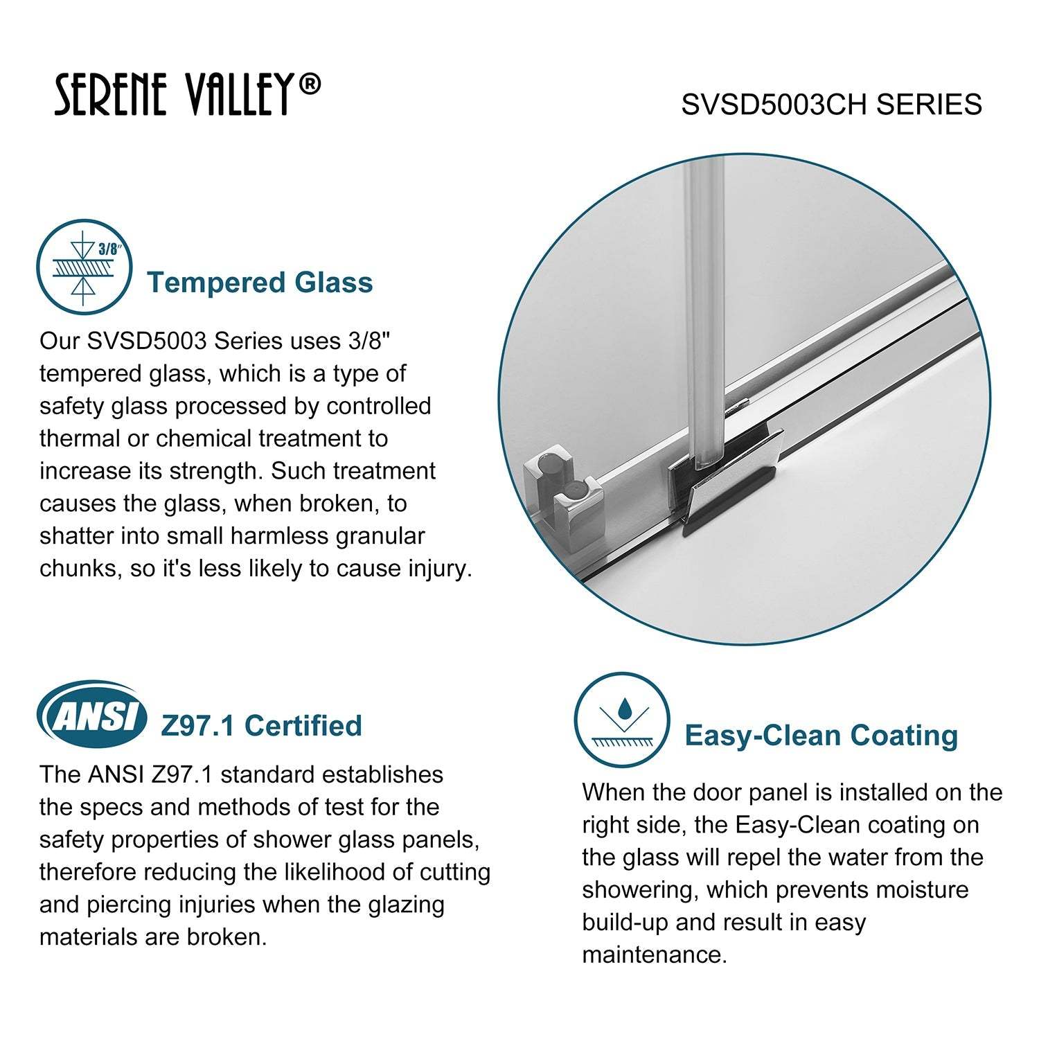 Serene Valley Square Rail Frameless Sliding Shower Door SVSD5003-7274CH, Easy-Clean Coating 3/8" Tempered Glass - 304 Stainless Steel Hardware in Chrome 68"- 72"W x 74"H-Serene Valley