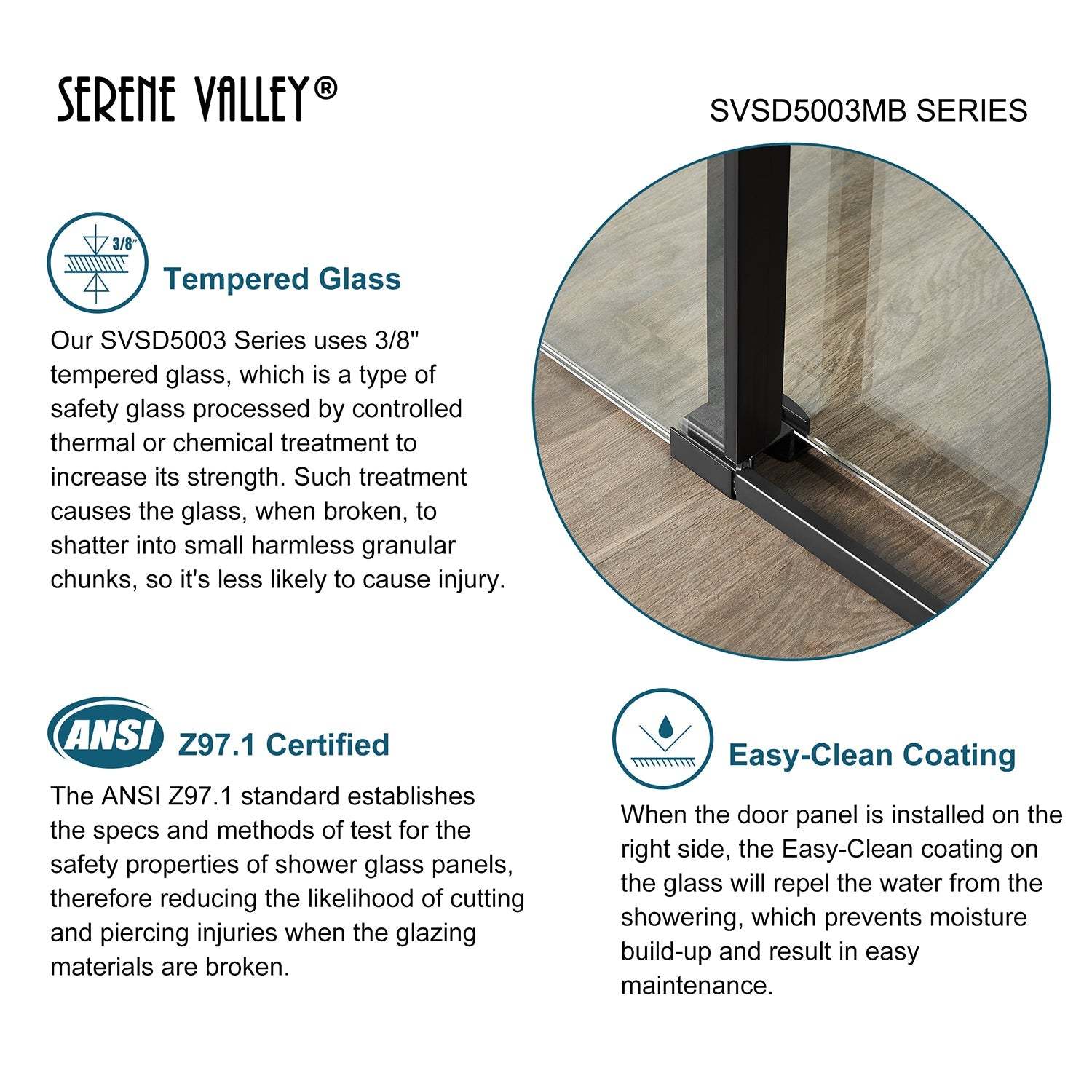Serene Valley Square Rail Frameless Sliding Shower Door SVSD5003-7274MB, Easy-Clean Coating 3/8" Tempered Glass - 304 Stainless Steel Hardware in Matte Black 68"- 72"W x 74"H-Serene Valley