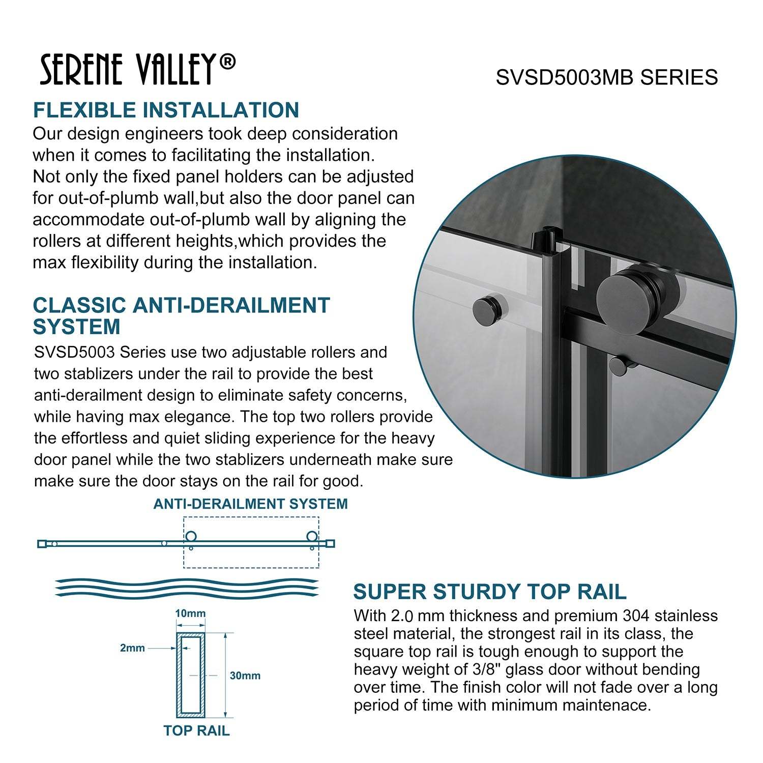 Serene Valley Square Rail Frameless Sliding Shower Door SVSD5003-7274MB, Easy-Clean Coating 3/8" Tempered Glass - 304 Stainless Steel Hardware in Matte Black 68"- 72"W x 74"H-Serene Valley