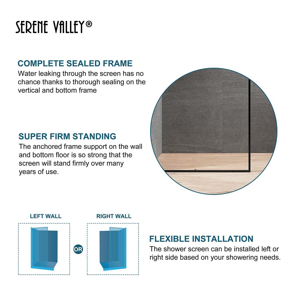 Serene Valley Stand-Alone Shower Screen SVSD5005-3474MB, 3/8" Tempered Glass with Easy-Clean Coating, Premium 304 Stainless Steel Construction with Reversible Installation, Matte Black Finish-Serene Valley