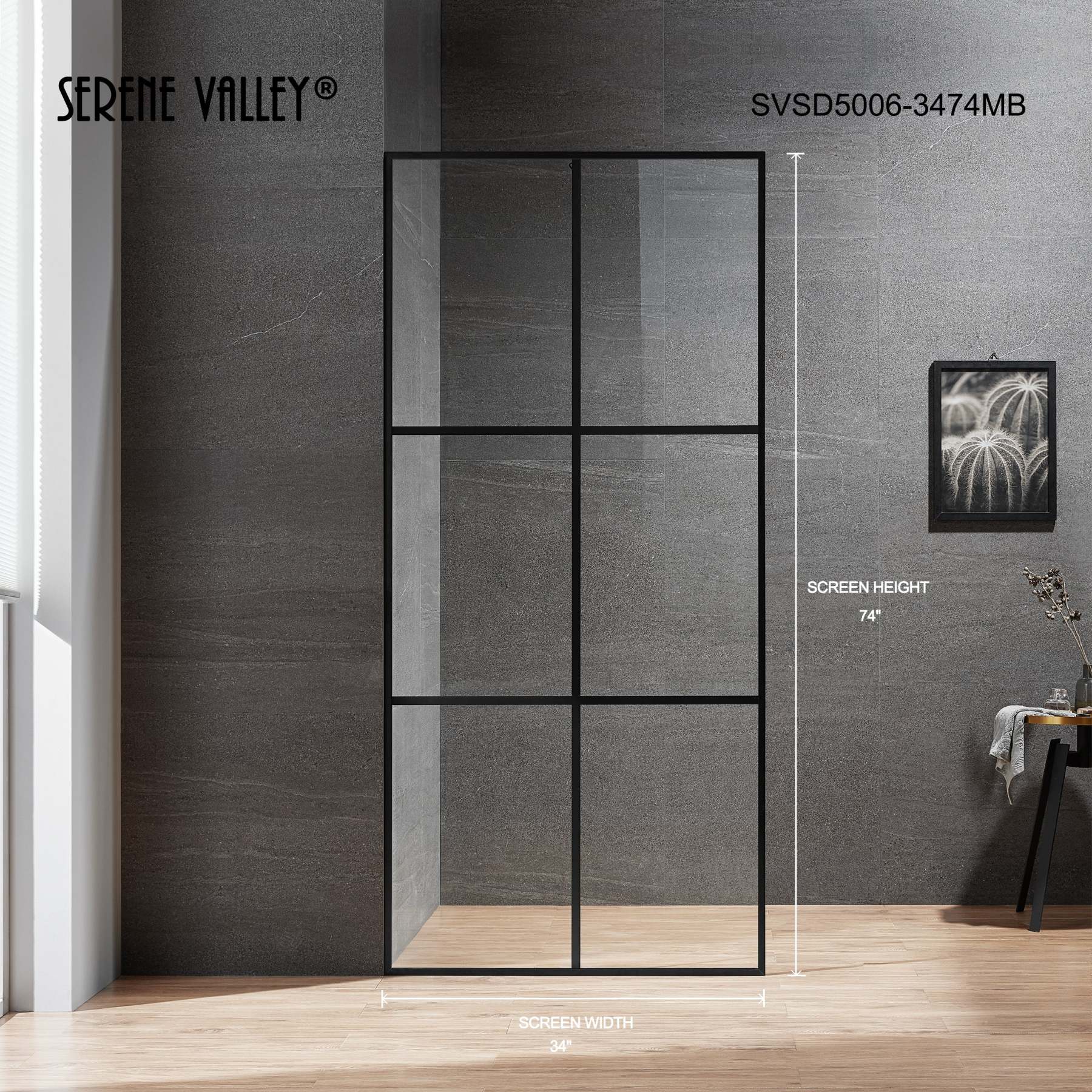 Serene Valley Stand-Alone Shower Screen SVSD5006-3474MB, 3/8" Tempered Glass with Easy-Clean Coating, Premium 304 Stainless Steel Construction with Reversible Installation, Matte Black Finish-Serene Valley