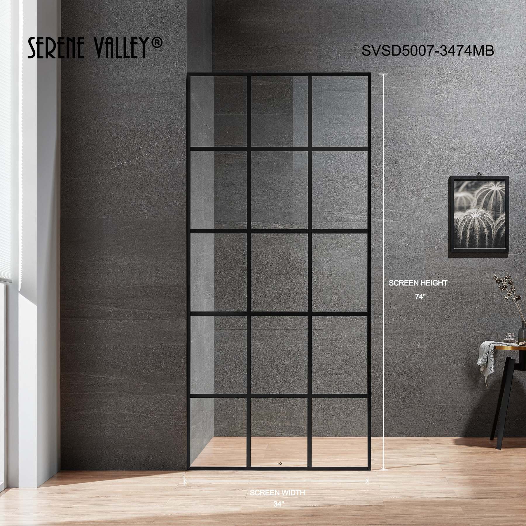 Serene Valley Stand-Alone Shower Screen SVSD5007-3474MB, 3/8" Tempered Glass with Easy-Clean Coating, Premium 304 Stainless Steel Construction with Reversible Installation, Matte Black Finish-Serene Valley