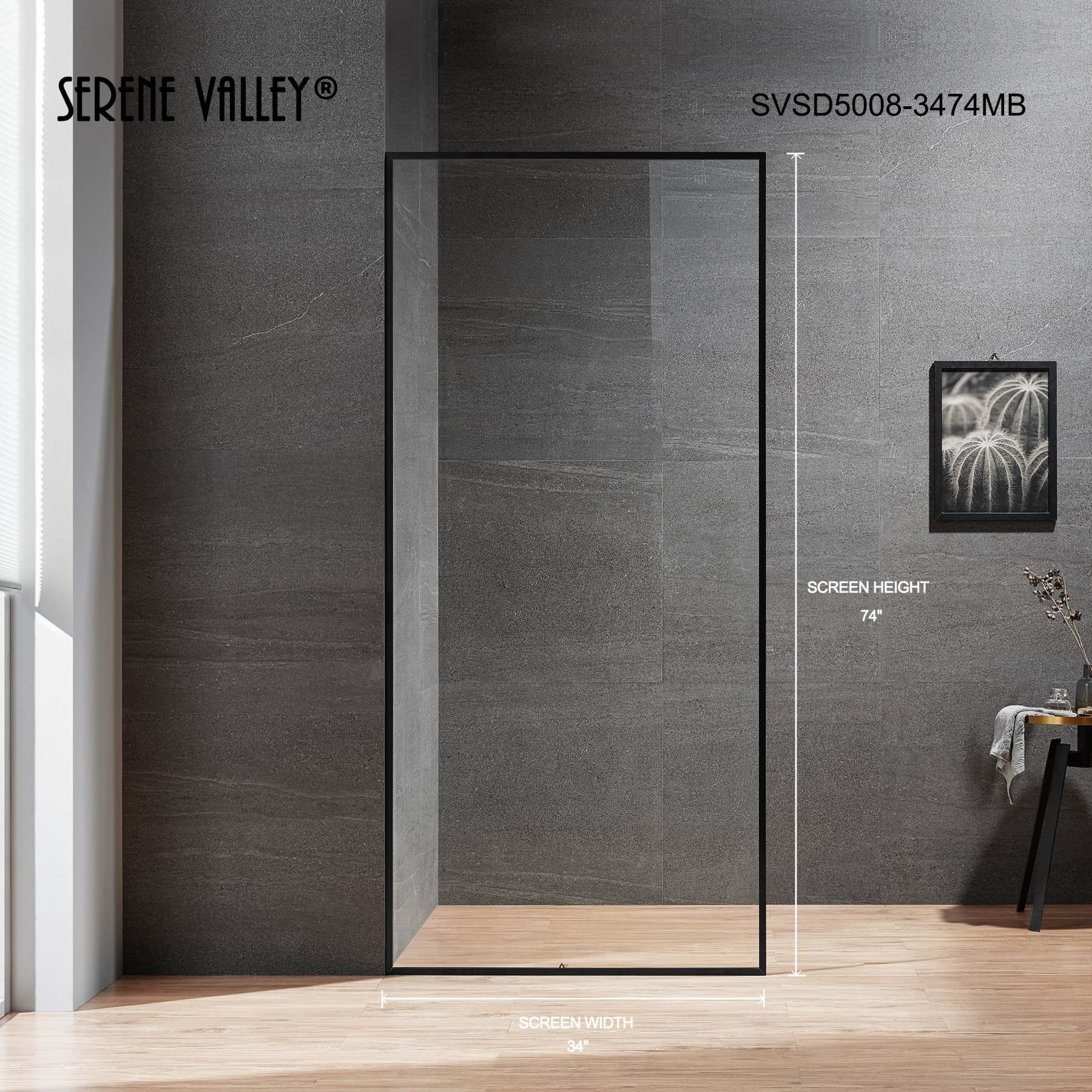 Serene Valley Stand-Alone Shower Screen SVSD5008-3474MB, 3/8" Tempered Glass with Easy-Clean Coating, Premium 304 Stainless Steel Construction with Reversible Installation, Matte Black Finish-Serene Valley