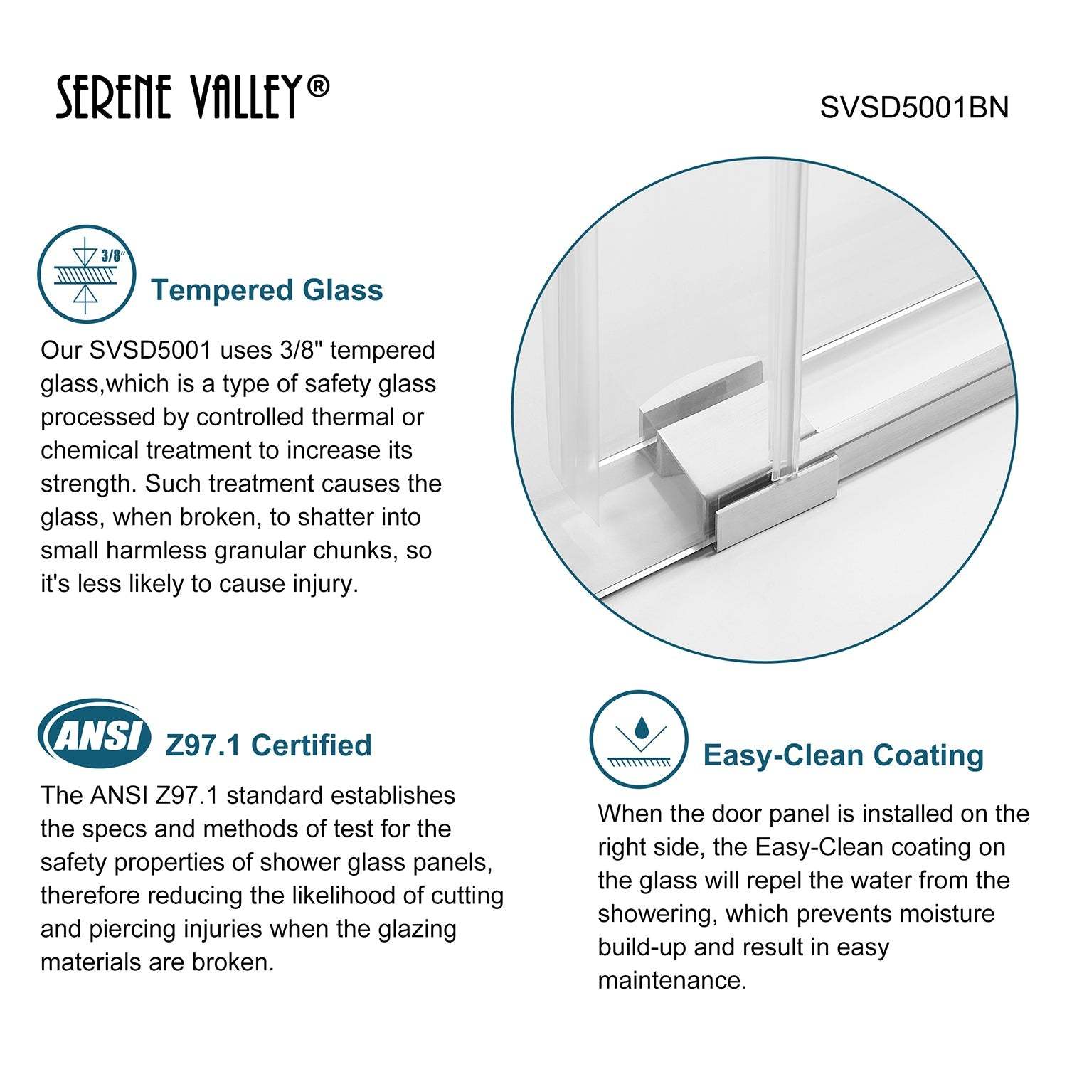 Serene Valley SVSD5001-6074BN Big Roller Frameless Sliding Shower Door - Superclear 3/8" Tempered Glass - 304 Stainless Steel Hardware in Brushed Nickel 56"- 60"W x 74"H-Serene Valley