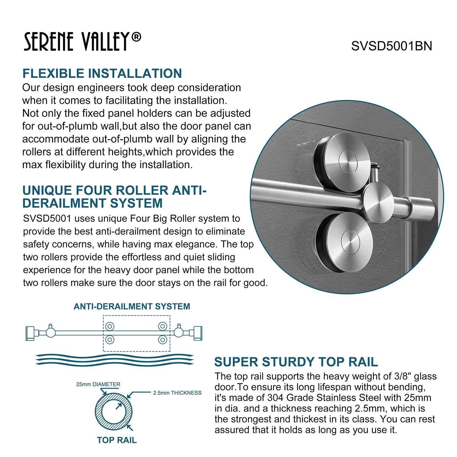 Serene Valley SVSD5001-6074BN Big Roller Frameless Sliding Shower Door - Superclear 3/8" Tempered Glass - 304 Stainless Steel Hardware in Brushed Nickel 56"- 60"W x 74"H-Serene Valley