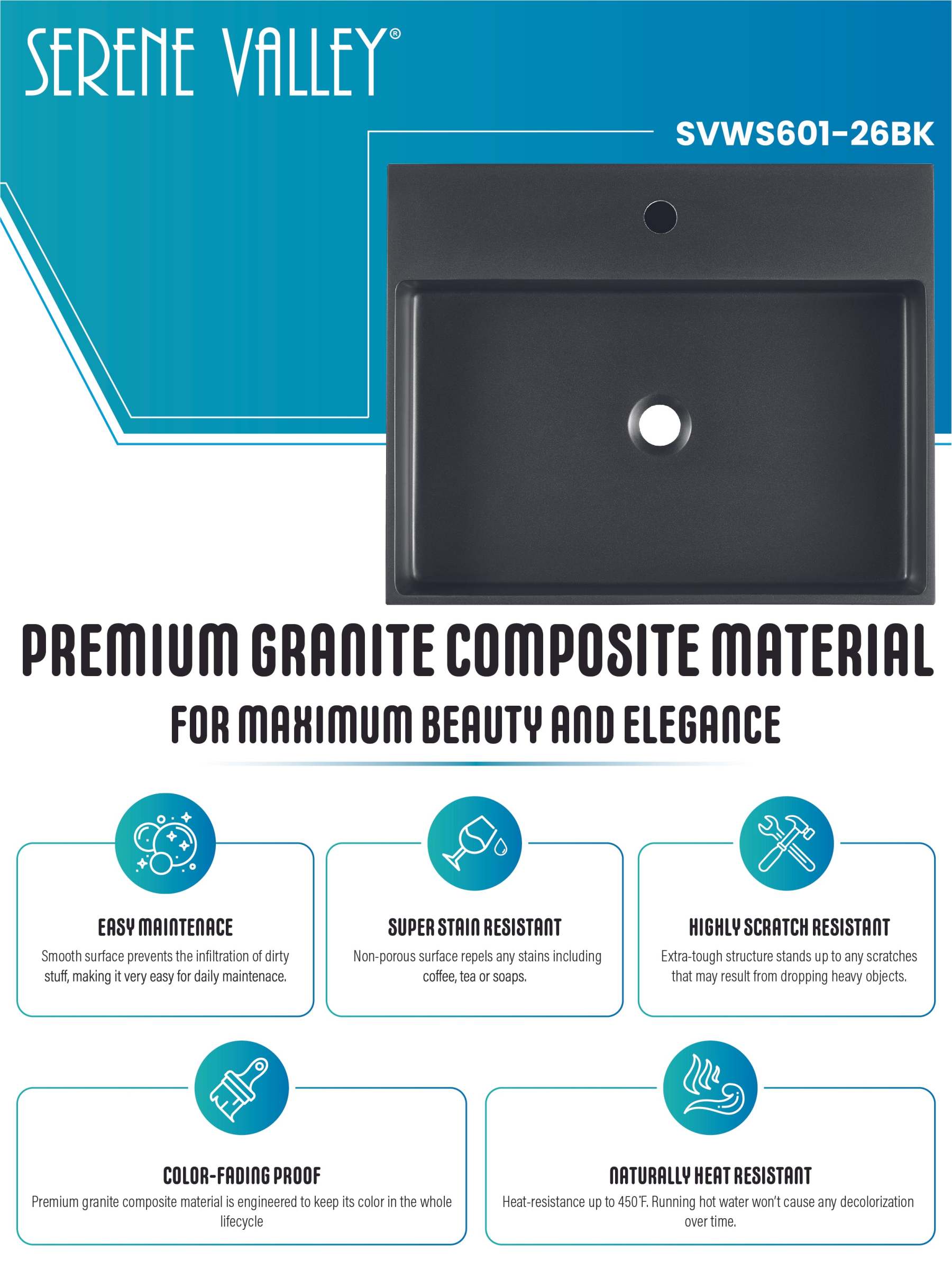 Bathroom sink, Wall-Mount or Countertop Install, 26" Composite Material in Matte Black with Single Faucet Hole， SVWS601-26BK-Serene Valley