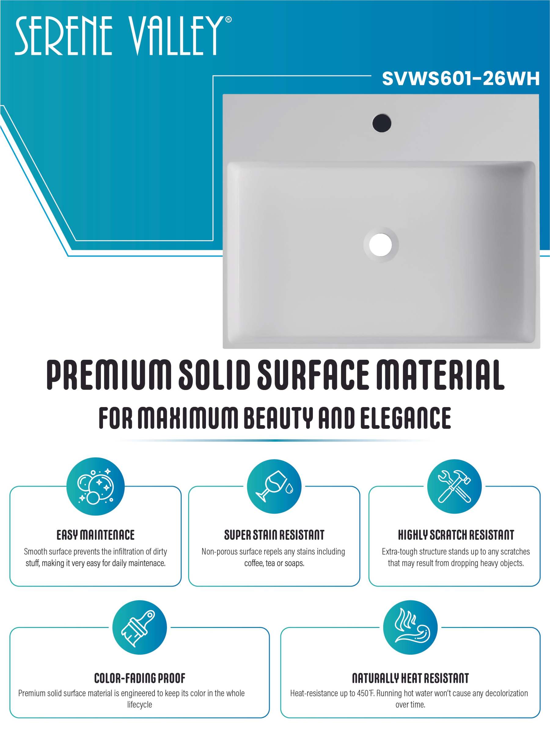 Bathroom sink, Wall-Mount or Countertop Install, 26" Solid Surface in Matte White with Single Faucet Hole， SVWS601-26WH-Serene Valley