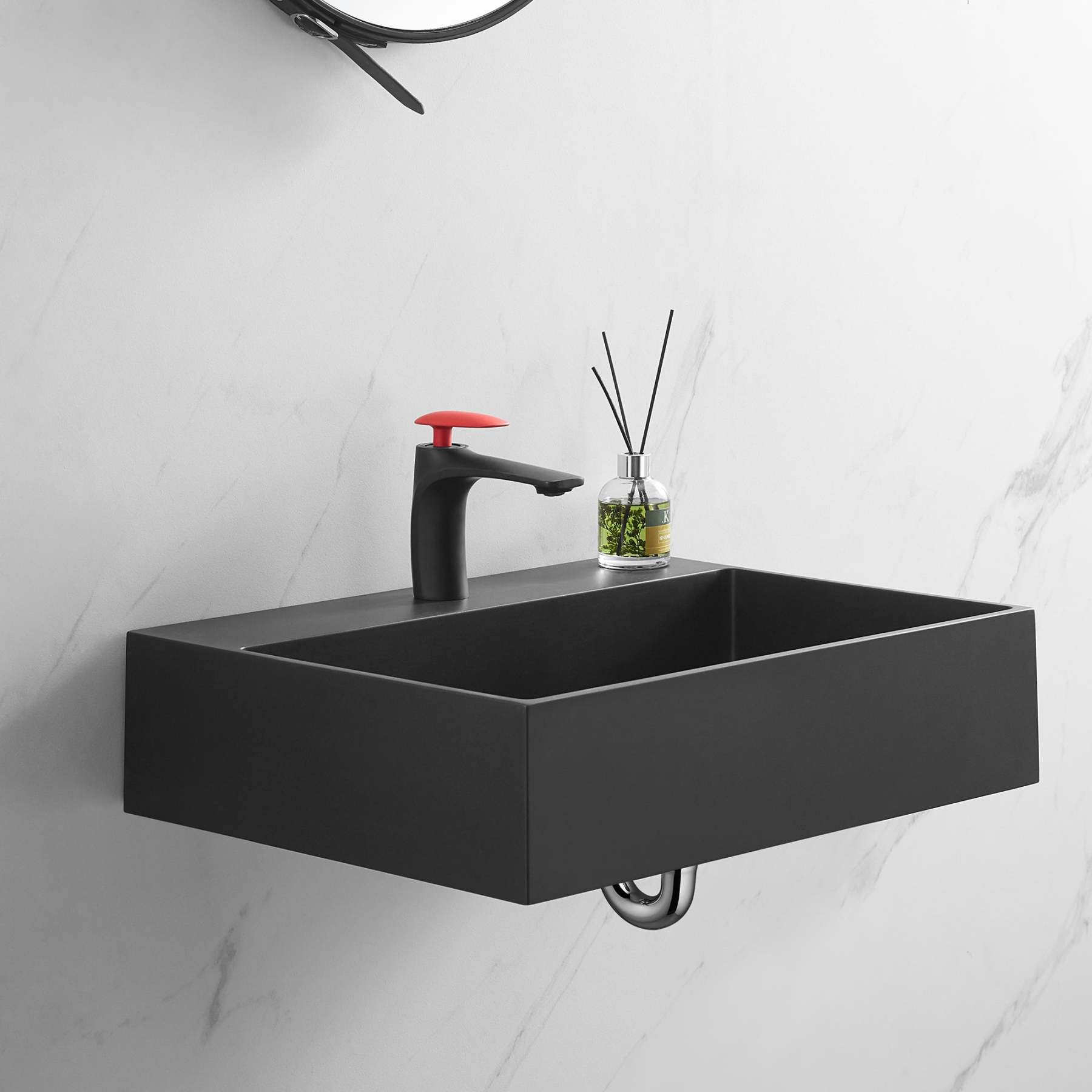 Bathroom sink, Wall-Mount or Countertop Install, 26" Composite Material in Matte Black with Single Faucet Hole， SVWS601-26BK-Serene Valley