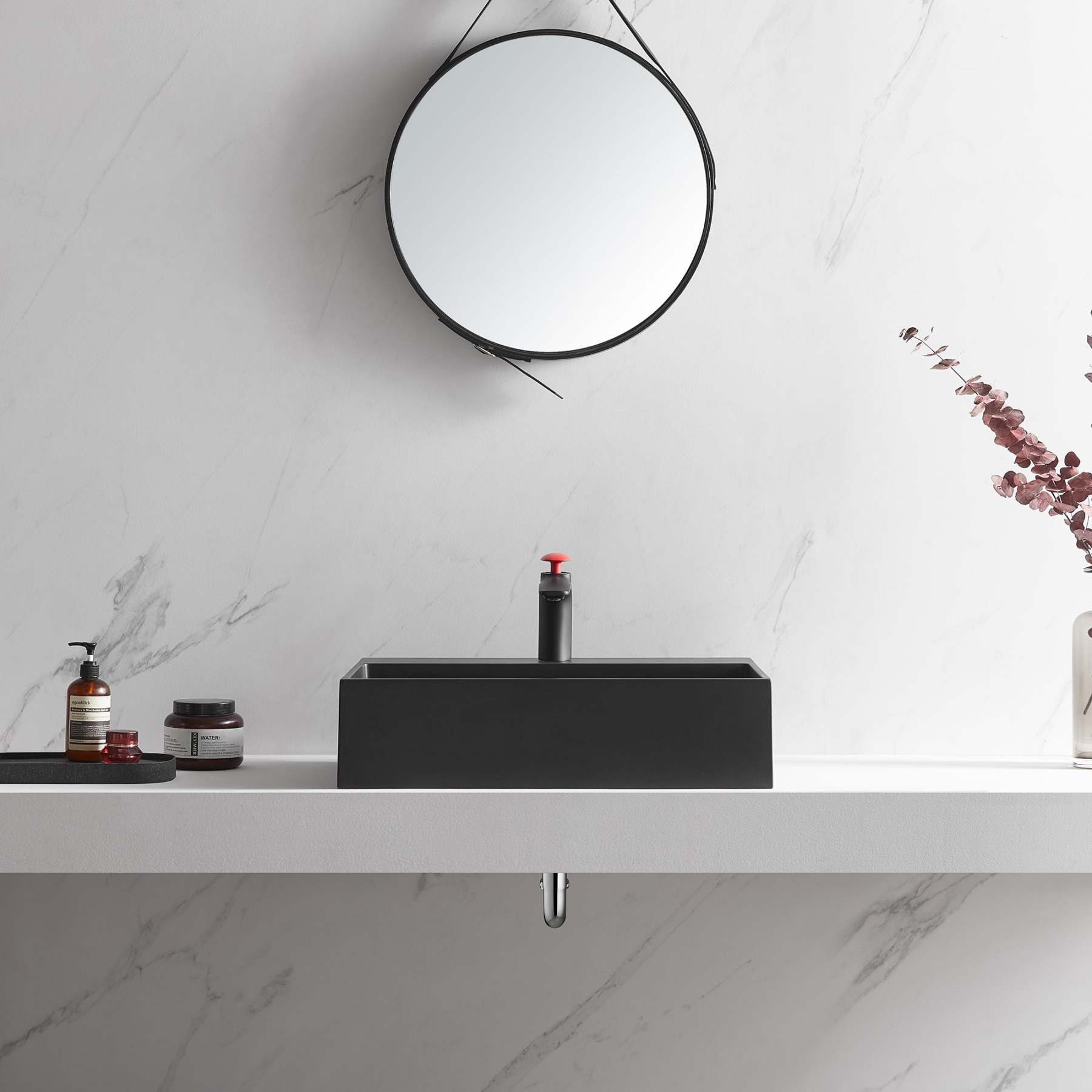 Bathroom sink, Wall-Mount or Countertop Install, 26" Composite Material in Matte Black with Single Faucet Hole， SVWS601-26BK-Serene Valley