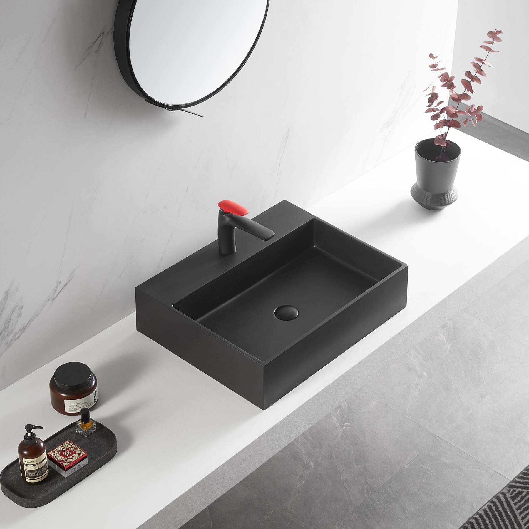 Bathroom sink, Wall-Mount or Countertop Install, 26" Composite Material in Matte Black with Single Faucet Hole， SVWS601-26BK-Serene Valley