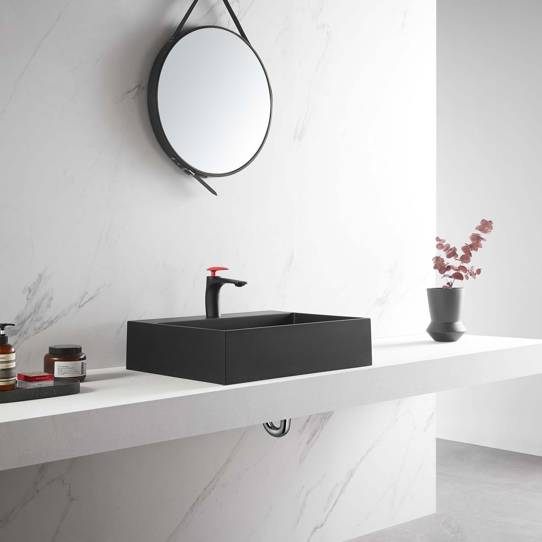 Bathroom sink, Wall-Mount or Countertop Install, 26" Composite Material in Matte Black with Single Faucet Hole， SVWS601-26BK-Serene Valley