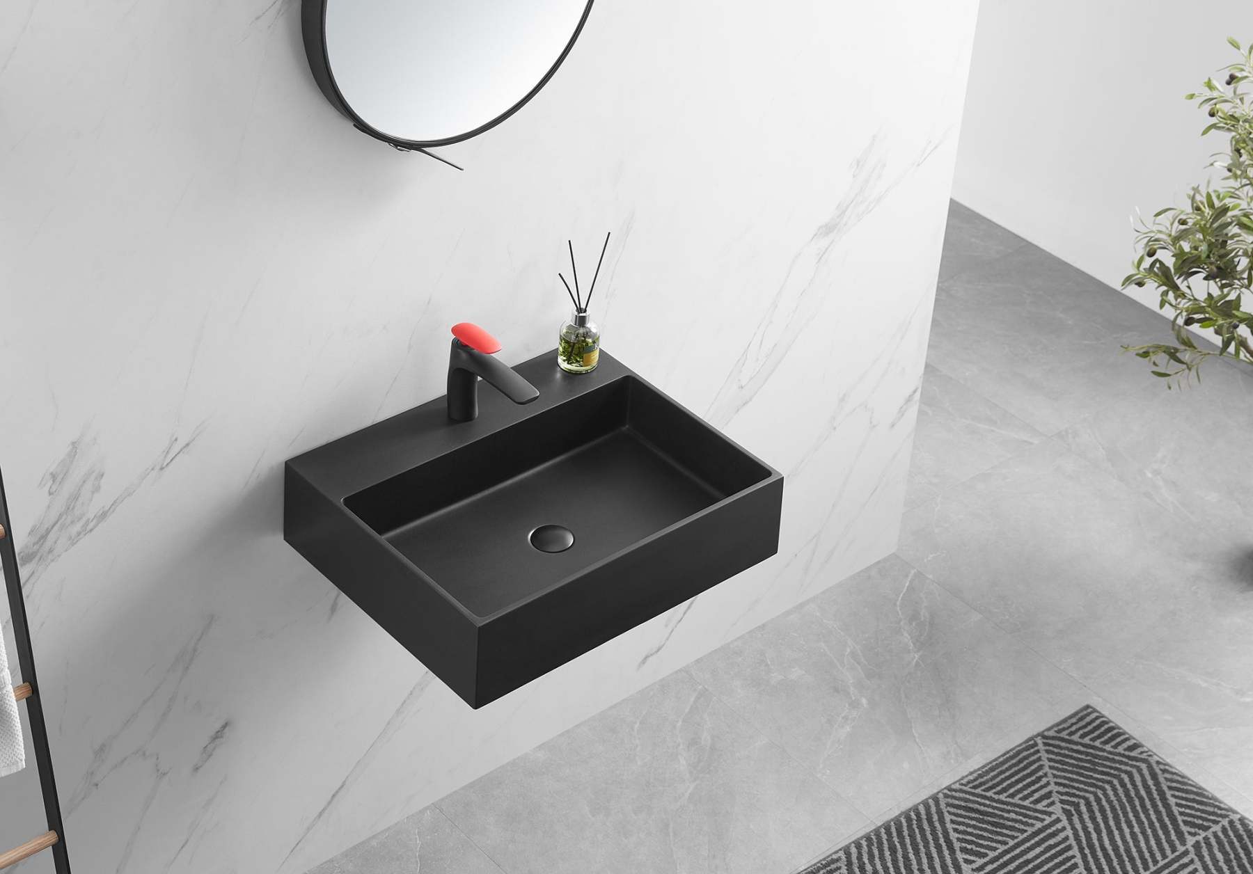 Bathroom sink, Wall-Mount or Countertop Install, 26" Composite Material in Matte Black with Single Faucet Hole， SVWS601-26BK-Serene Valley