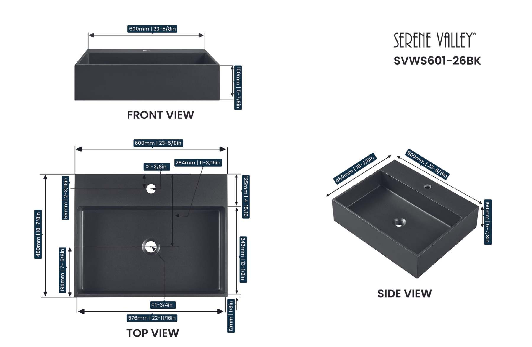 Bathroom sink, Wall-Mount or Countertop Install, 26" Composite Material in Matte Black with Single Faucet Hole， SVWS601-26BK-Serene Valley