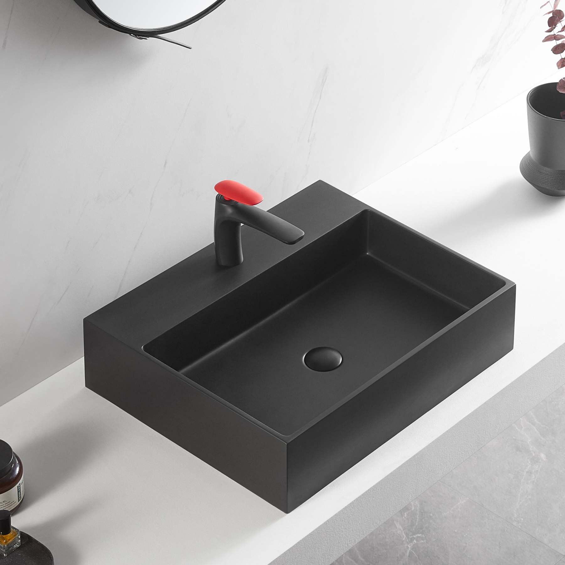 Bathroom sink, Wall-Mount or Countertop Install, 26" Composite Material in Matte Black with Single Faucet Hole， SVWS601-26BK-Serene Valley