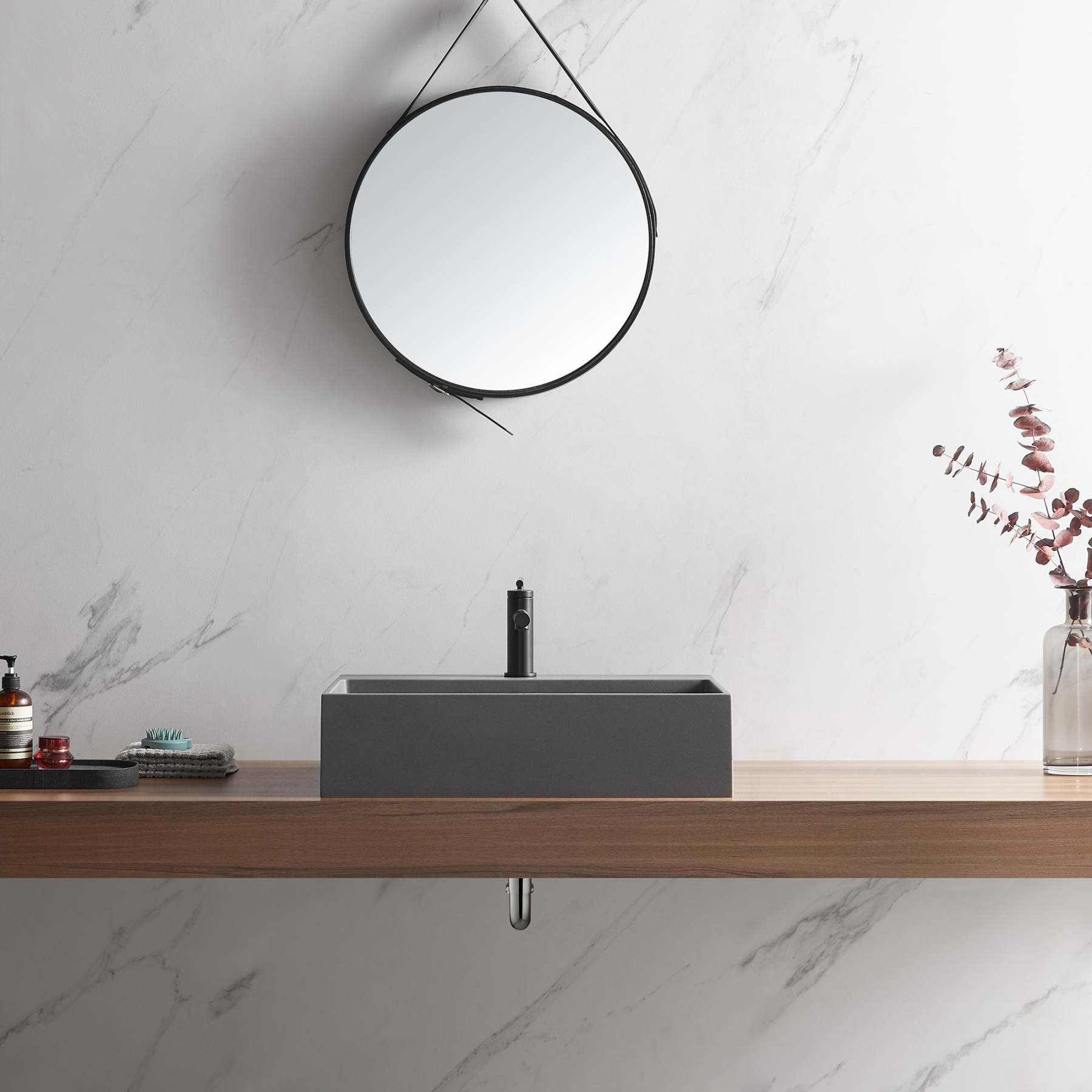 Bathroom sink, Wall-Mount or Countertop Install, 26" Composite Material in Matte Gray with Single Faucet Hole， SVWS601-26GR-Serene Valley