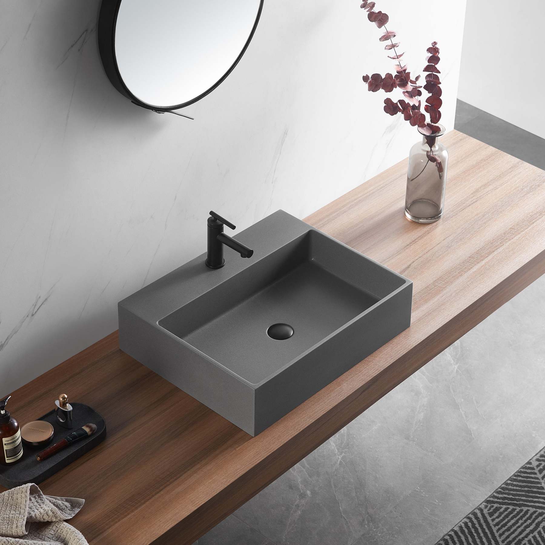 Bathroom sink, Wall-Mount or Countertop Install, 26" Composite Material in Matte Gray with Single Faucet Hole， SVWS601-26GR-Serene Valley