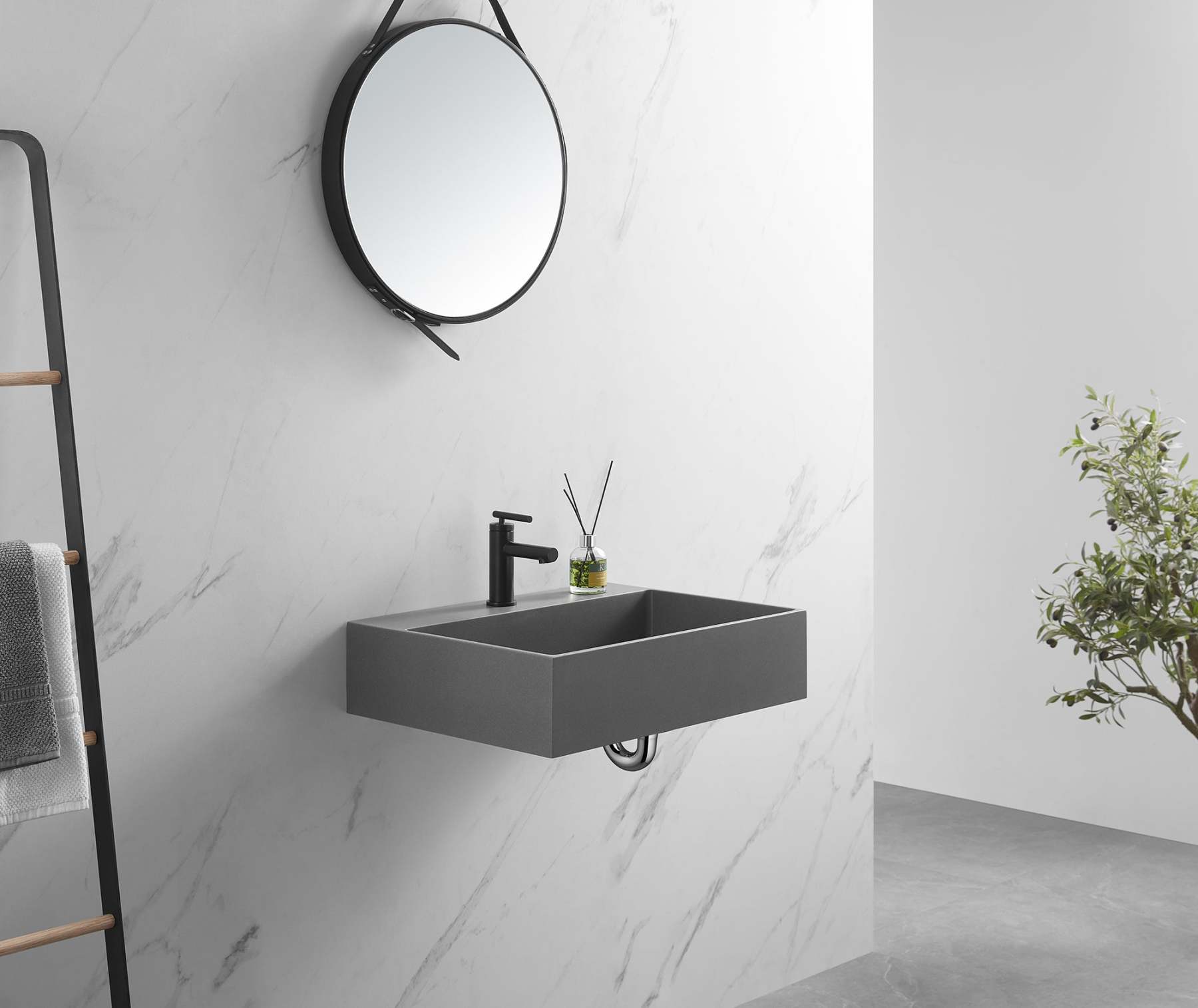 Bathroom sink, Wall-Mount or Countertop Install, 26" Composite Material in Matte Gray with Single Faucet Hole， SVWS601-26GR-Serene Valley