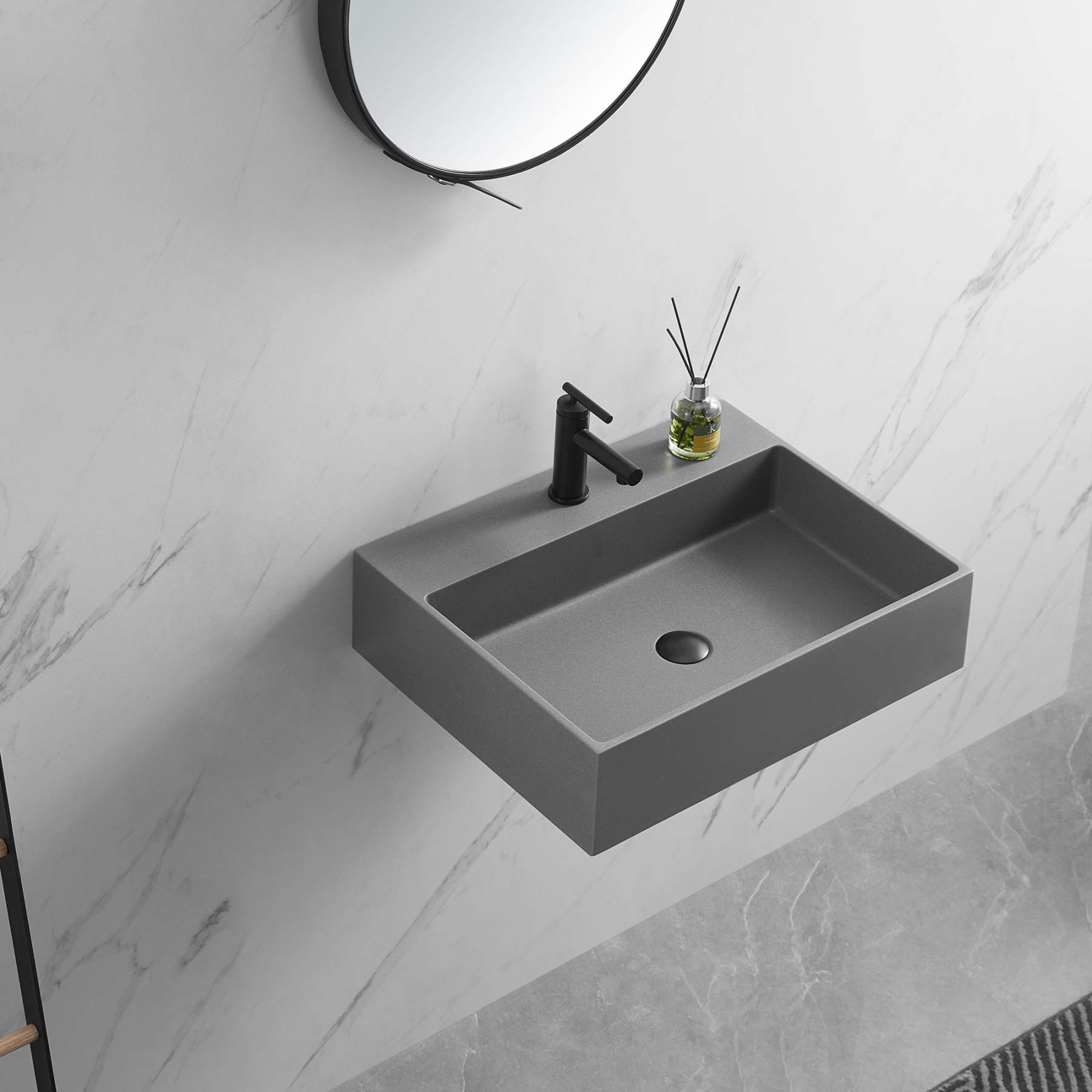 Bathroom sink, Wall-Mount or Countertop Install, 26" Composite Material in Matte Gray with Single Faucet Hole， SVWS601-26GR-Serene Valley