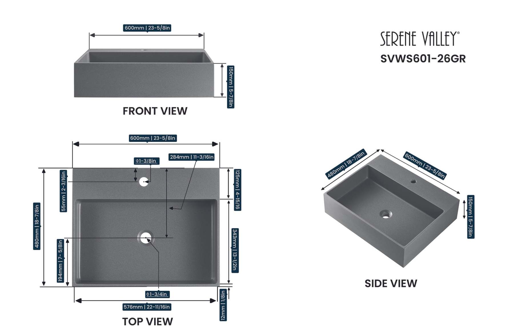Bathroom sink, Wall-Mount or Countertop Install, 26" Composite Material in Matte Gray with Single Faucet Hole， SVWS601-26GR-Serene Valley