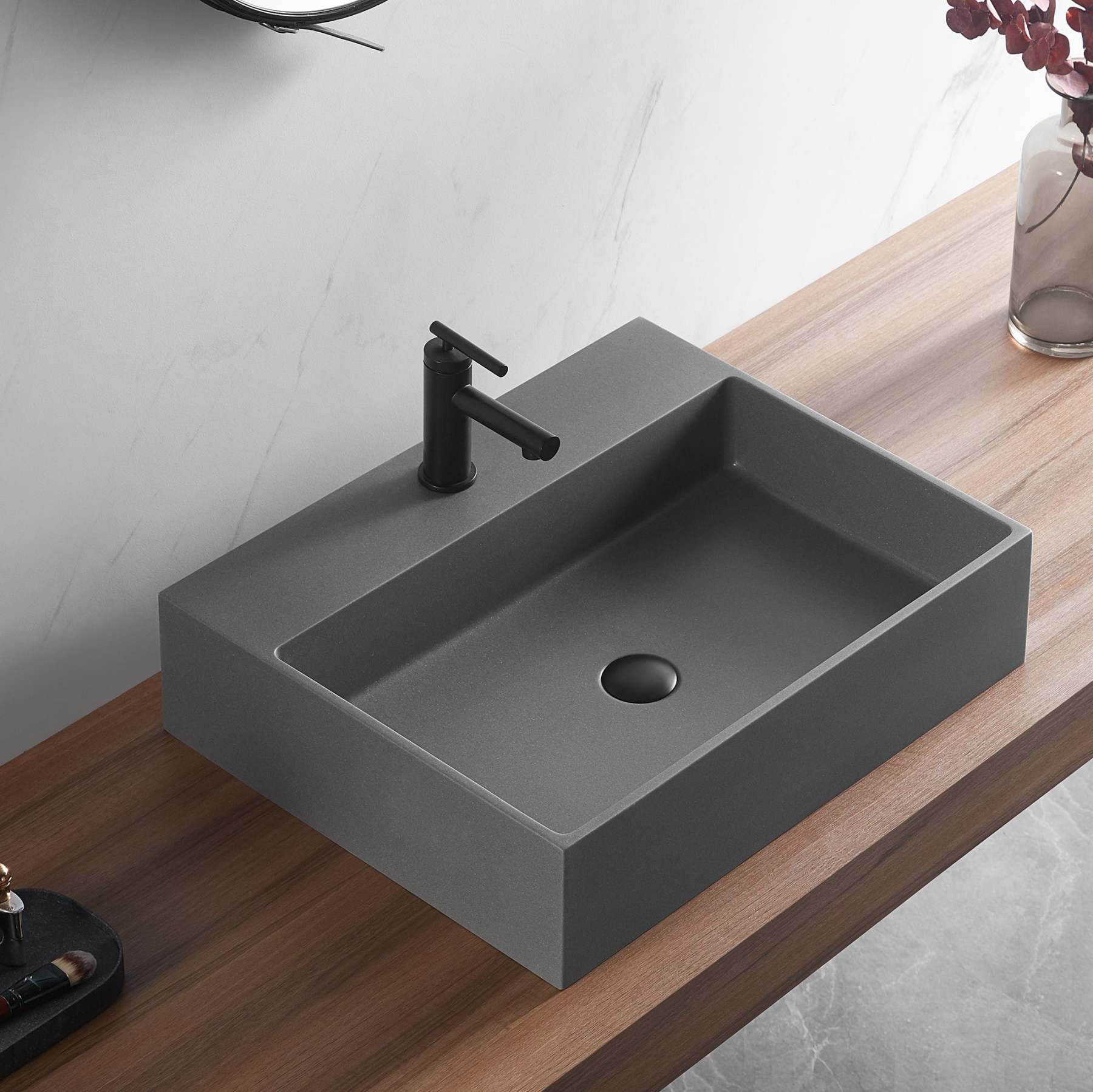 Bathroom sink, Wall-Mount or Countertop Install, 26" Composite Material in Matte Gray with Single Faucet Hole， SVWS601-26GR-Serene Valley