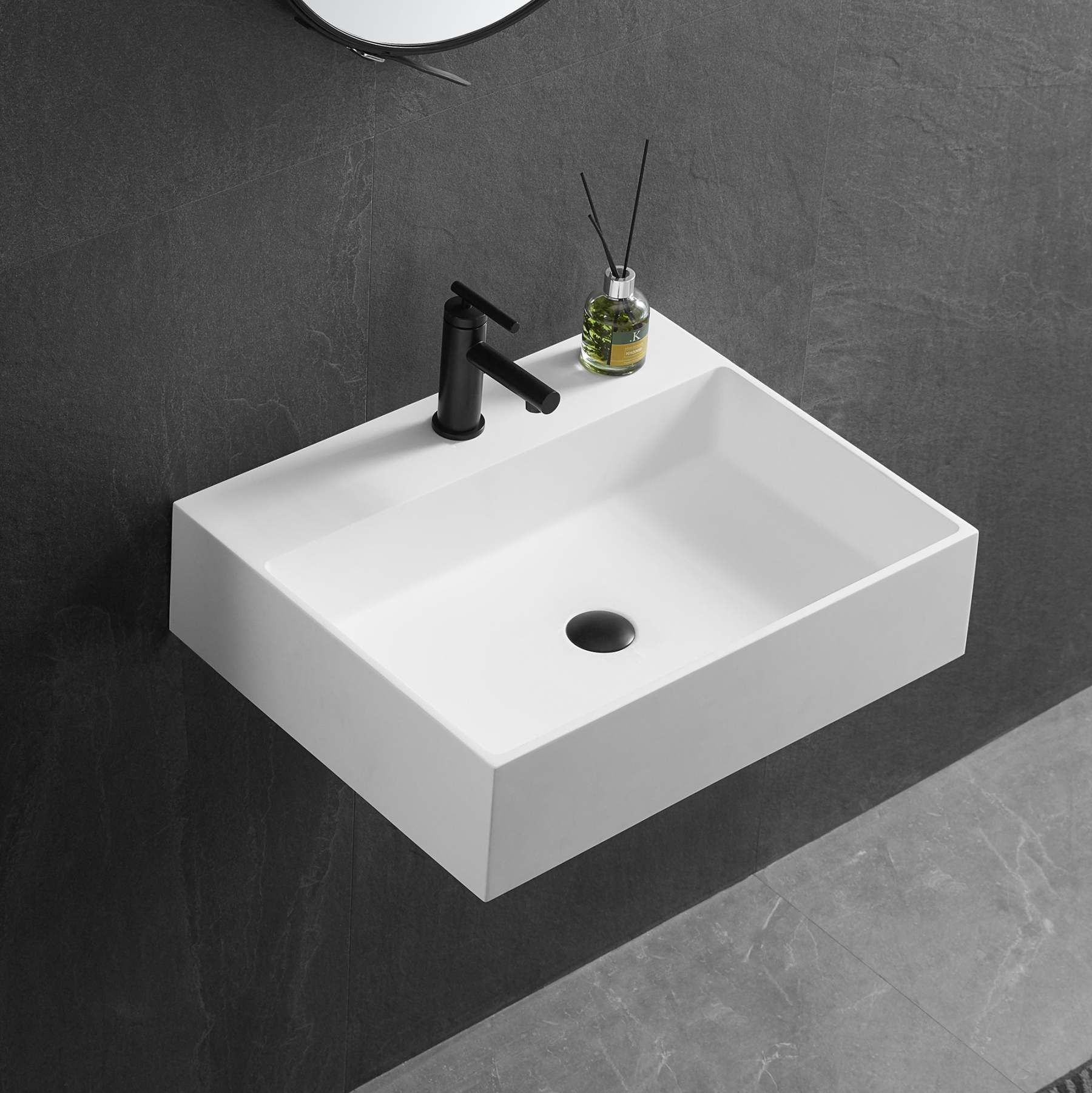 Bathroom sink, Wall-Mount or Countertop Install, 26" Solid Surface in Matte White with Single Faucet Hole， SVWS601-26WH-Serene Valley