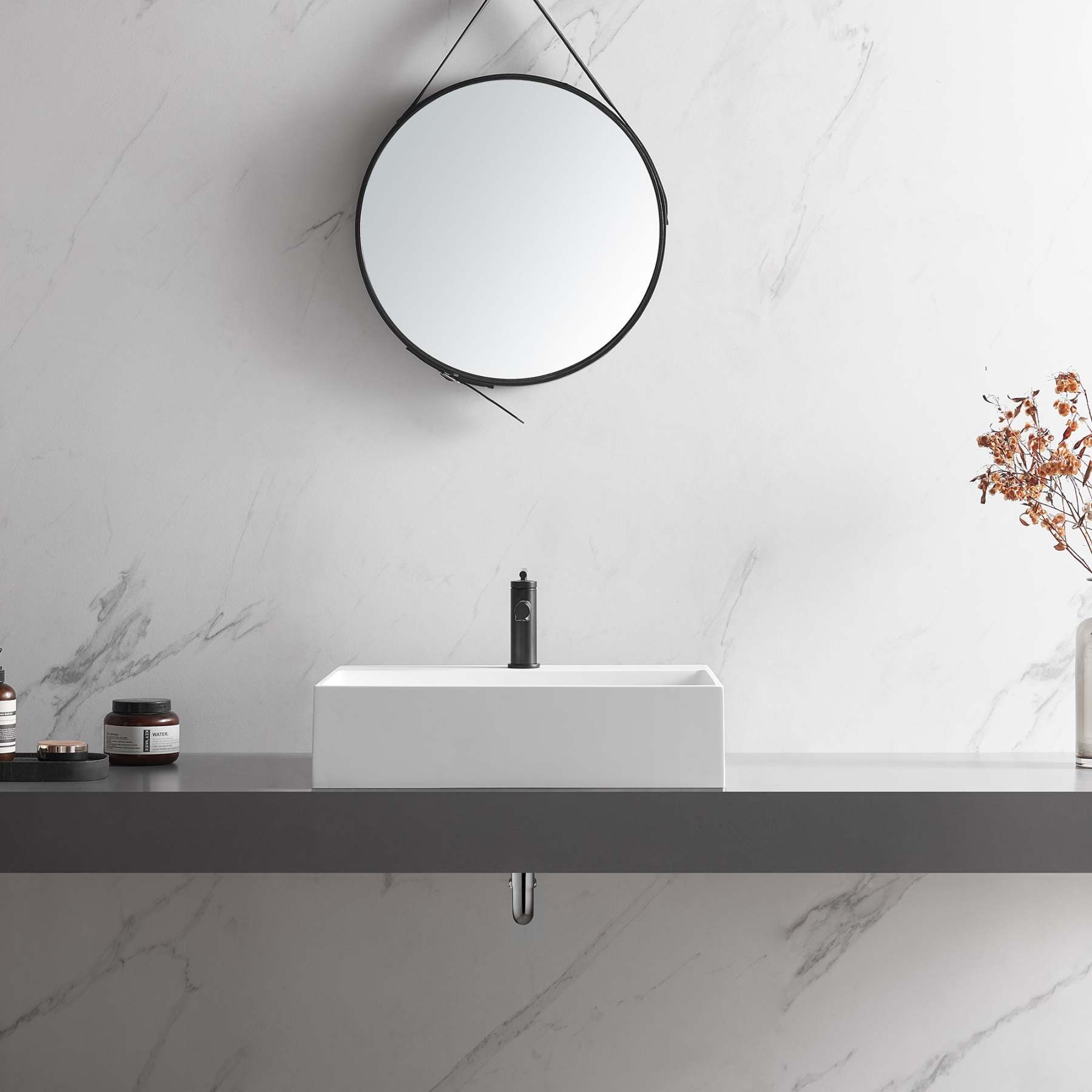 Bathroom sink, Wall-Mount or Countertop Install, 26" Solid Surface in Matte White with Single Faucet Hole， SVWS601-26WH-Serene Valley