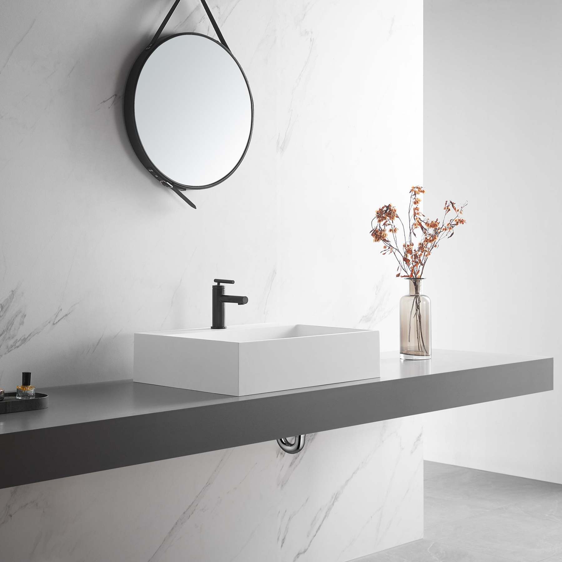 Bathroom sink, Wall-Mount or Countertop Install, 26" Solid Surface in Matte White with Single Faucet Hole， SVWS601-26WH-Serene Valley