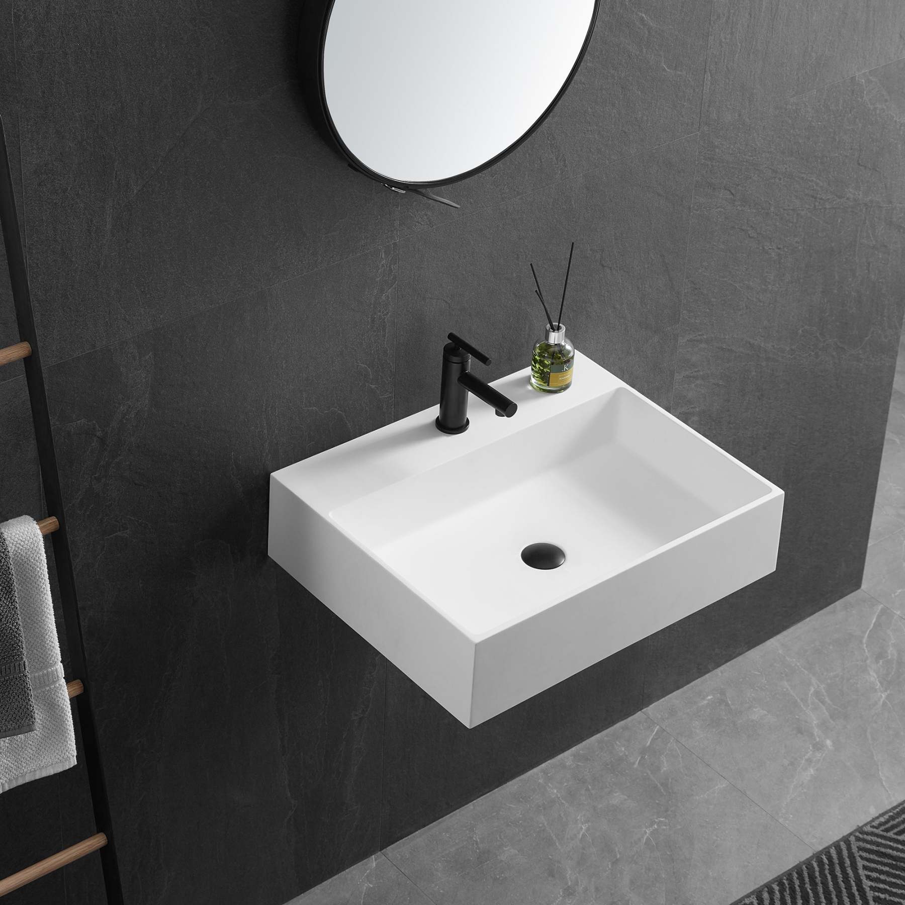 Bathroom sink, Wall-Mount or Countertop Install, 26" Solid Surface in Matte White with Single Faucet Hole， SVWS601-26WH-Serene Valley