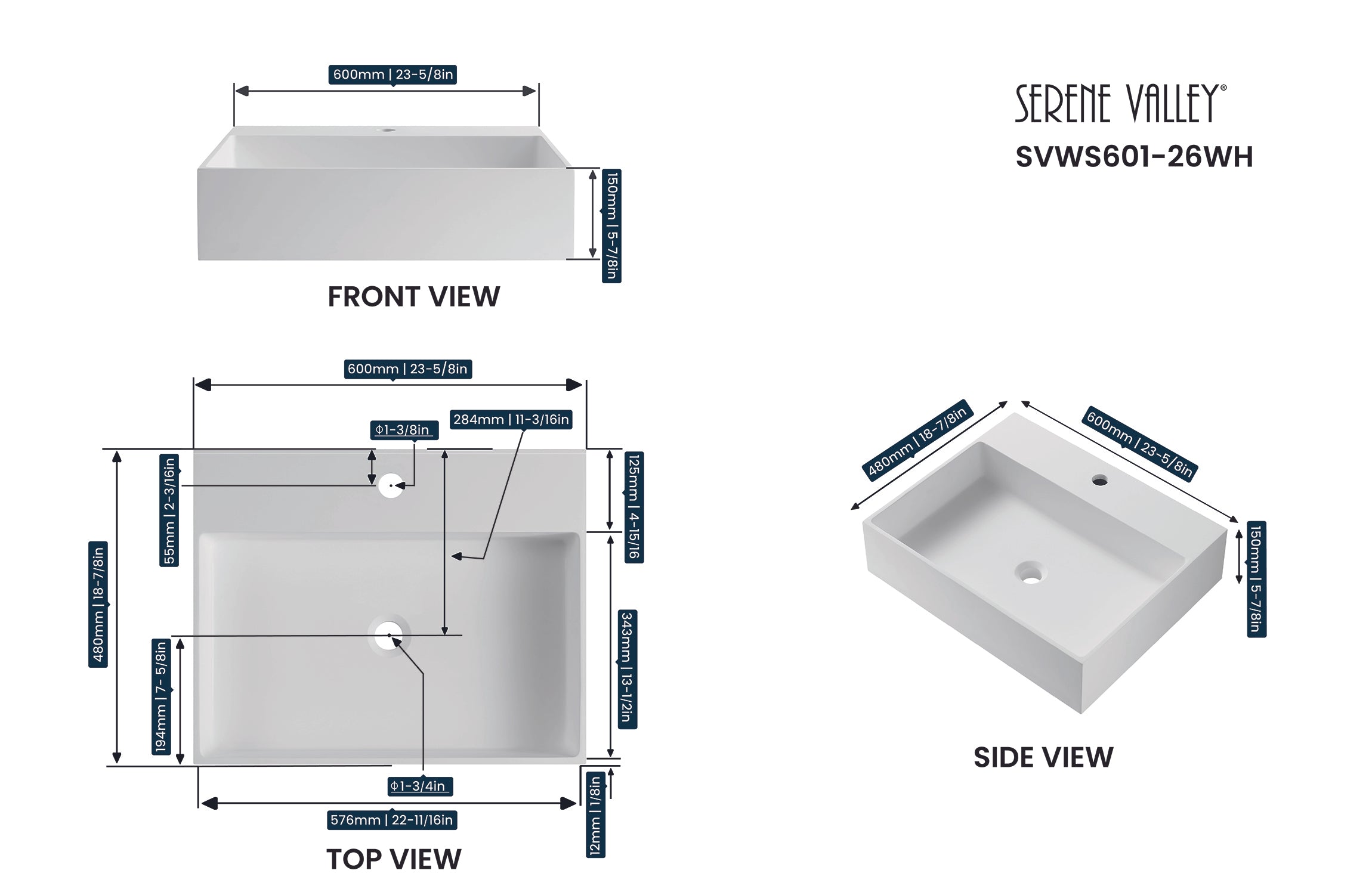 Bathroom sink, Wall-Mount or Countertop Install, 26" Solid Surface in Matte White with Single Faucet Hole， SVWS601-26WH-Serene Valley