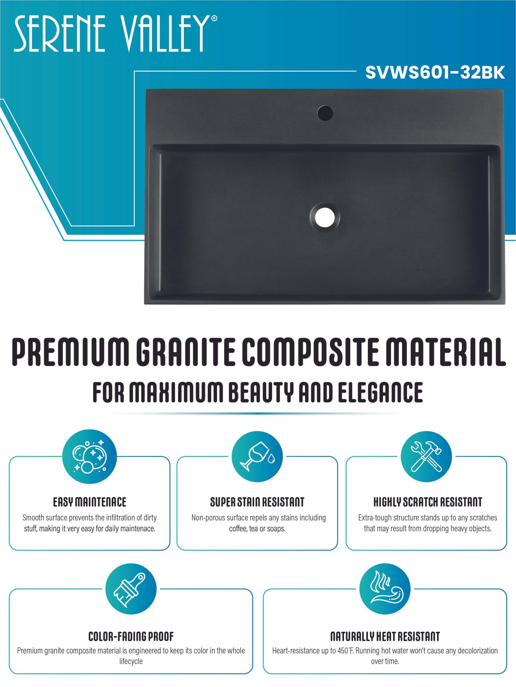 Bathroom sink, Wall-Mount or Countertop Install, 32" Composite Material in Matte Black with Single Faucet Hole， SVWS601-32BK-Serene Valley
