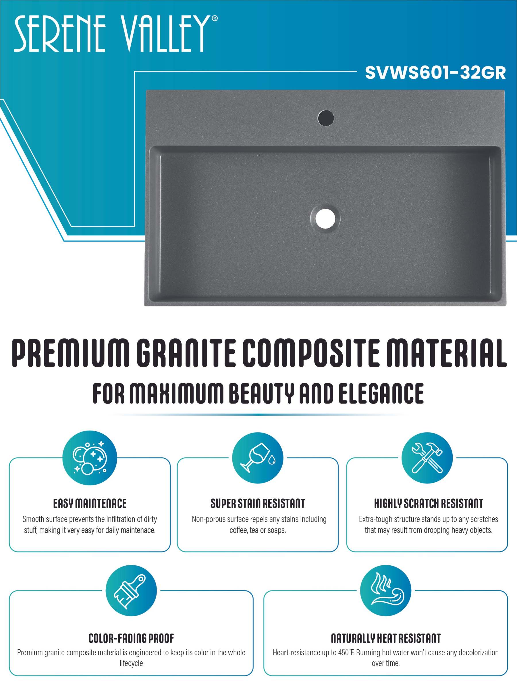 Bathroom sink, Wall-Mount or Countertop Install, 32" Composite Material in Matte Gray with Single Faucet Hole， SVWS601-32GR-Serene Valley