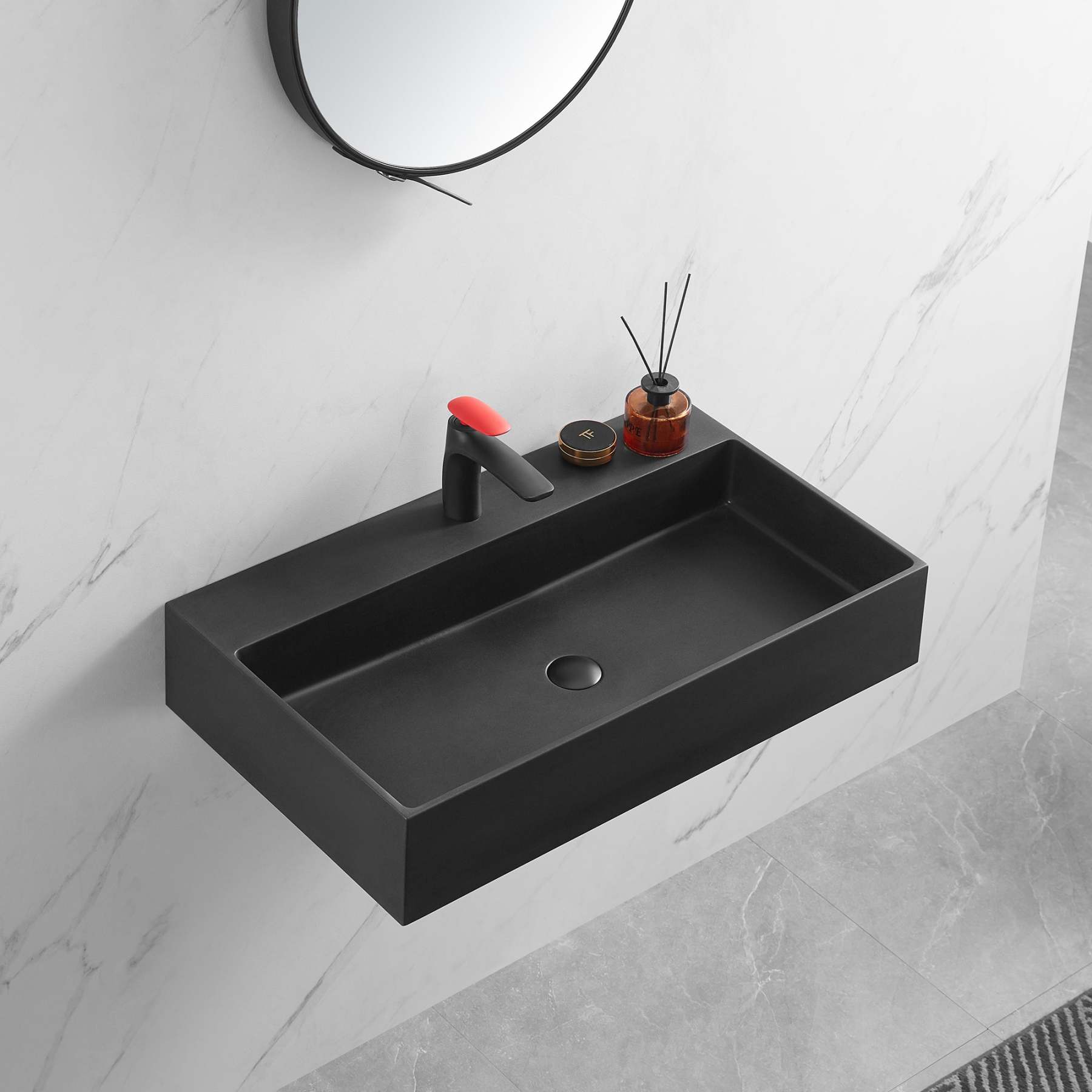Bathroom sink, Wall-Mount or Countertop Install, 32" Composite Material in Matte Black with Single Faucet Hole， SVWS601-32BK-Serene Valley