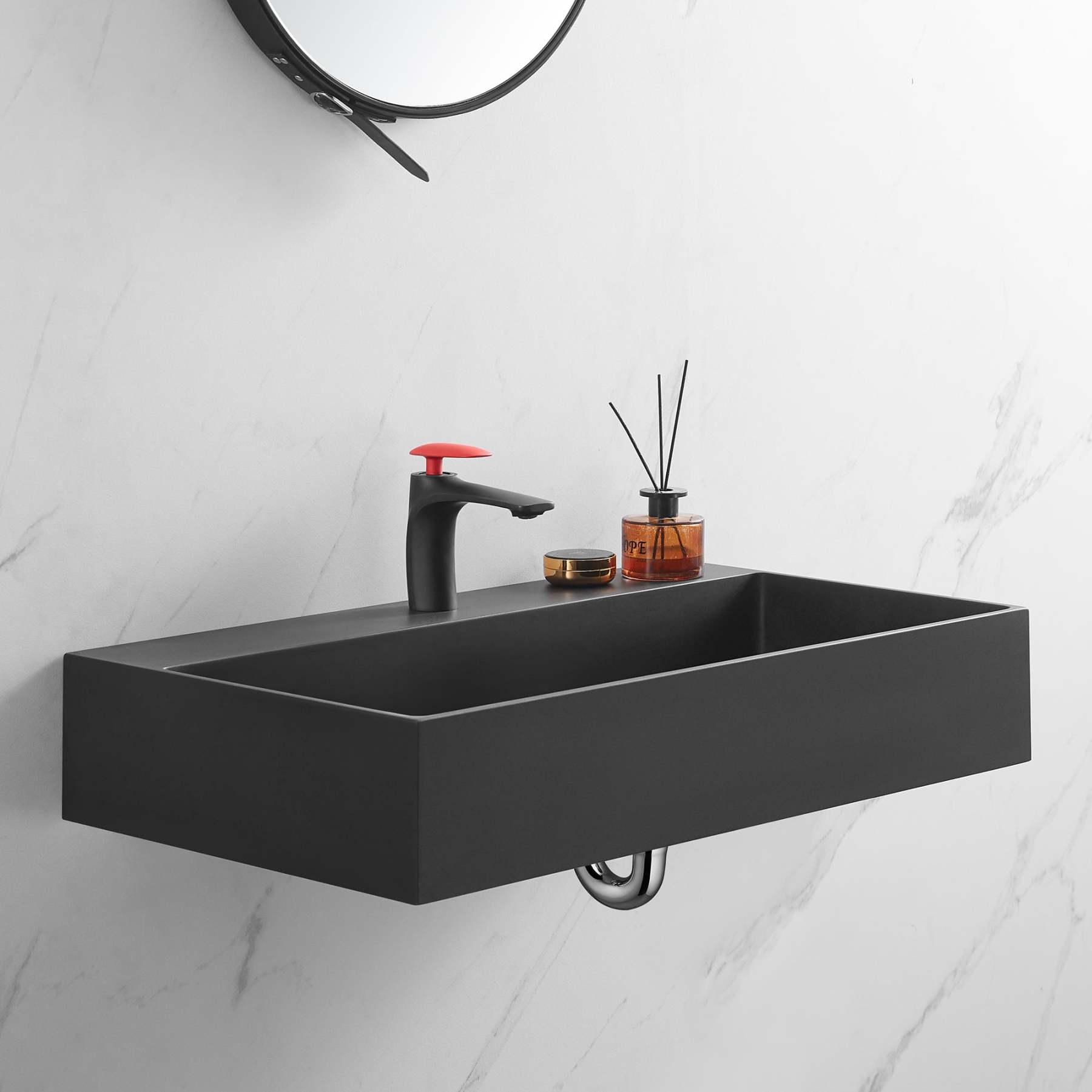 Bathroom sink, Wall-Mount or Countertop Install, 32" Composite Material in Matte Black with Single Faucet Hole， SVWS601-32BK-Serene Valley