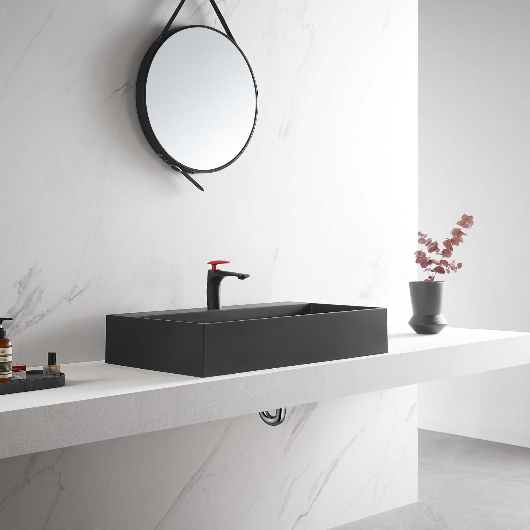 Bathroom sink, Wall-Mount or Countertop Install, 32" Composite Material in Matte Black with Single Faucet Hole， SVWS601-32BK-Serene Valley