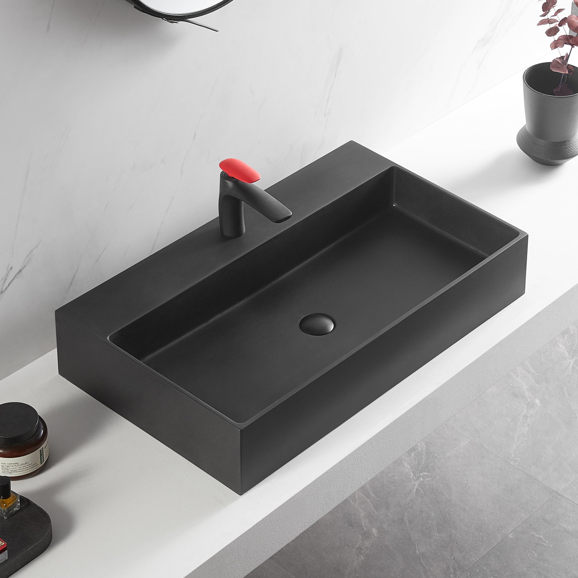 Bathroom sink, Wall-Mount or Countertop Install, 32" Composite Material in Matte Black with Single Faucet Hole， SVWS601-32BK-Serene Valley