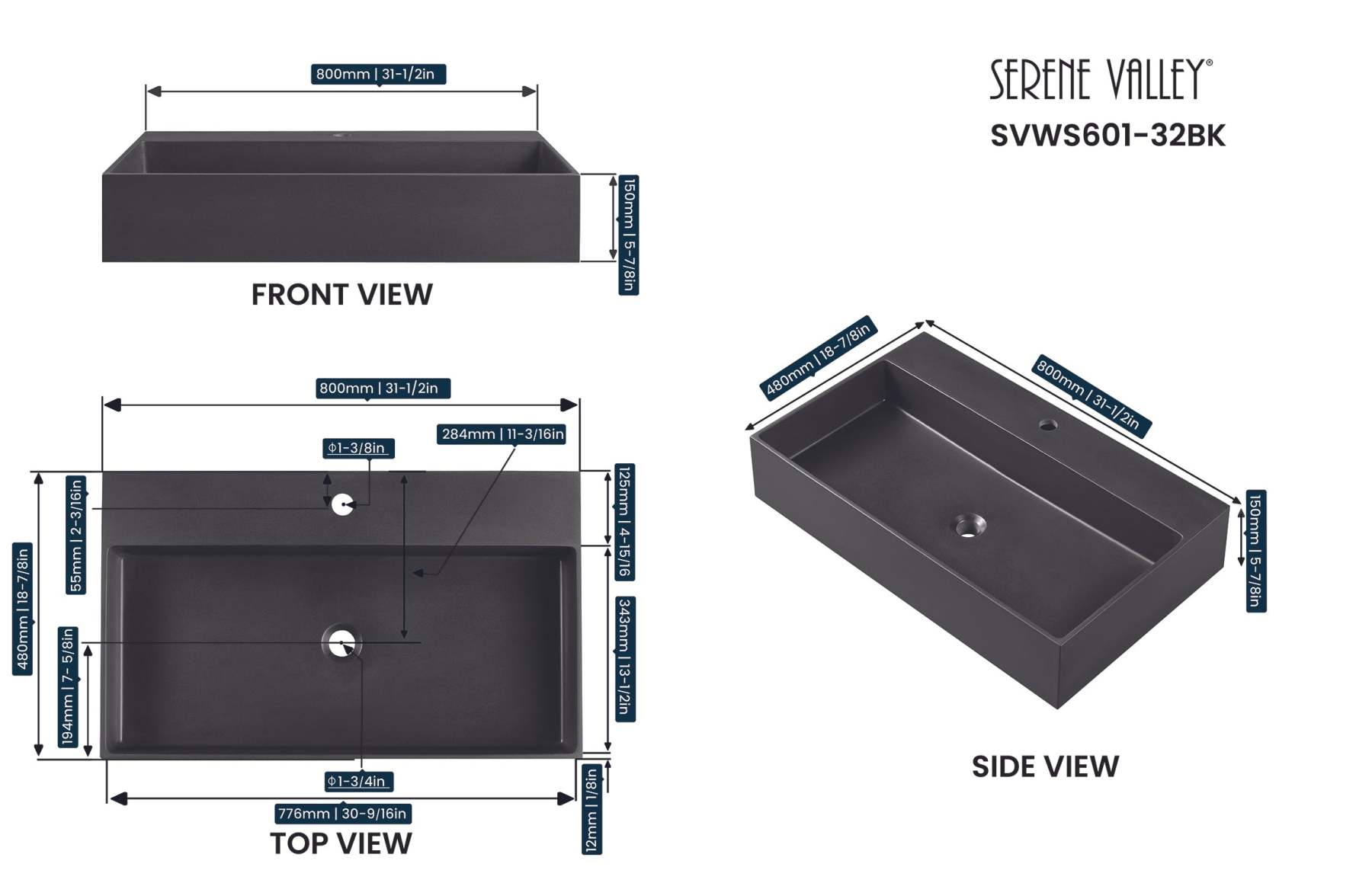Bathroom sink, Wall-Mount or Countertop Install, 32" Composite Material in Matte Black with Single Faucet Hole， SVWS601-32BK-Serene Valley