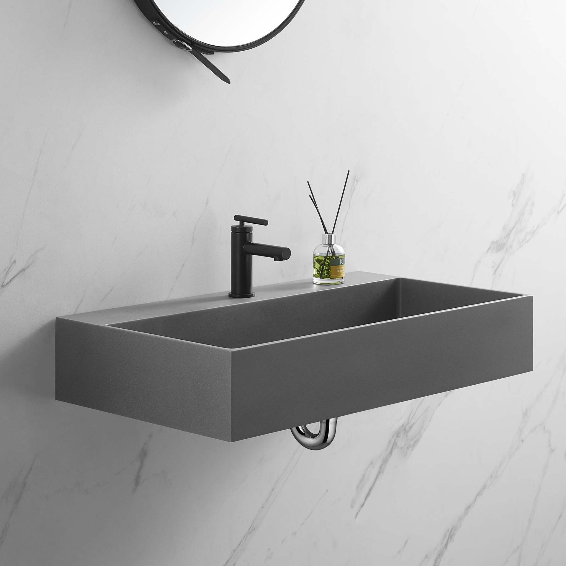 Bathroom sink, Wall-Mount or Countertop Install, 32" Composite Material in Matte Gray with Single Faucet Hole， SVWS601-32GR-Serene Valley