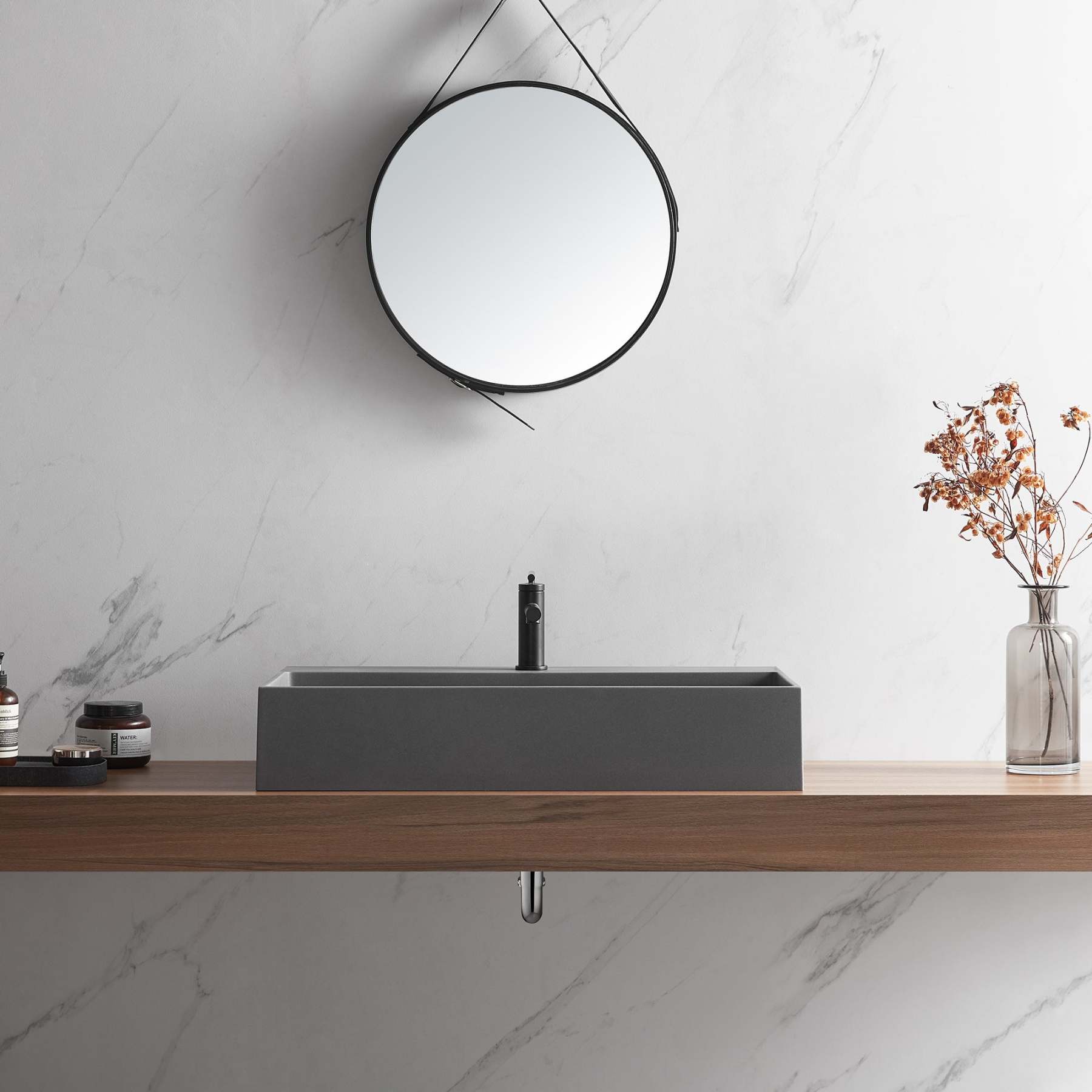 Bathroom sink, Wall-Mount or Countertop Install, 32" Composite Material in Matte Gray with Single Faucet Hole， SVWS601-32GR-Serene Valley