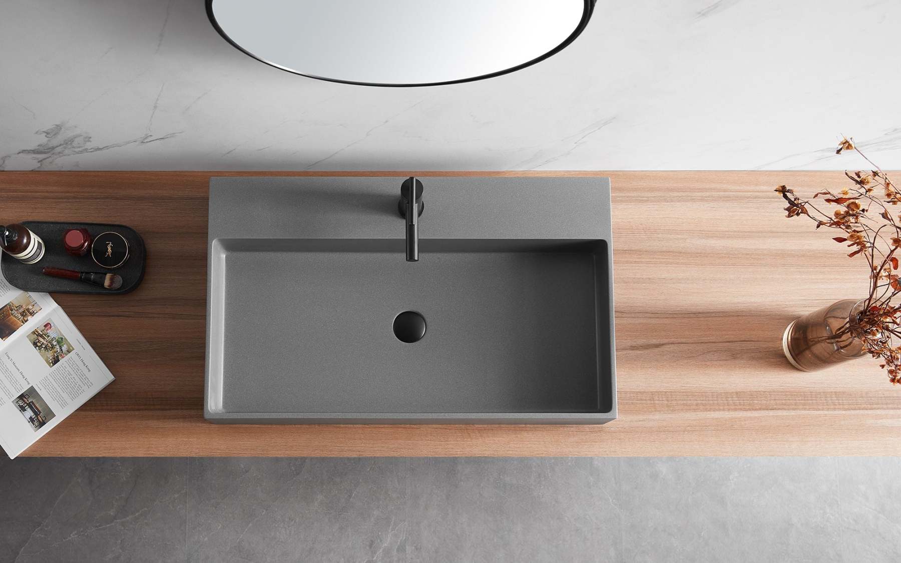 Bathroom sink, Wall-Mount or Countertop Install, 32" Composite Material in Matte Gray with Single Faucet Hole， SVWS601-32GR-Serene Valley