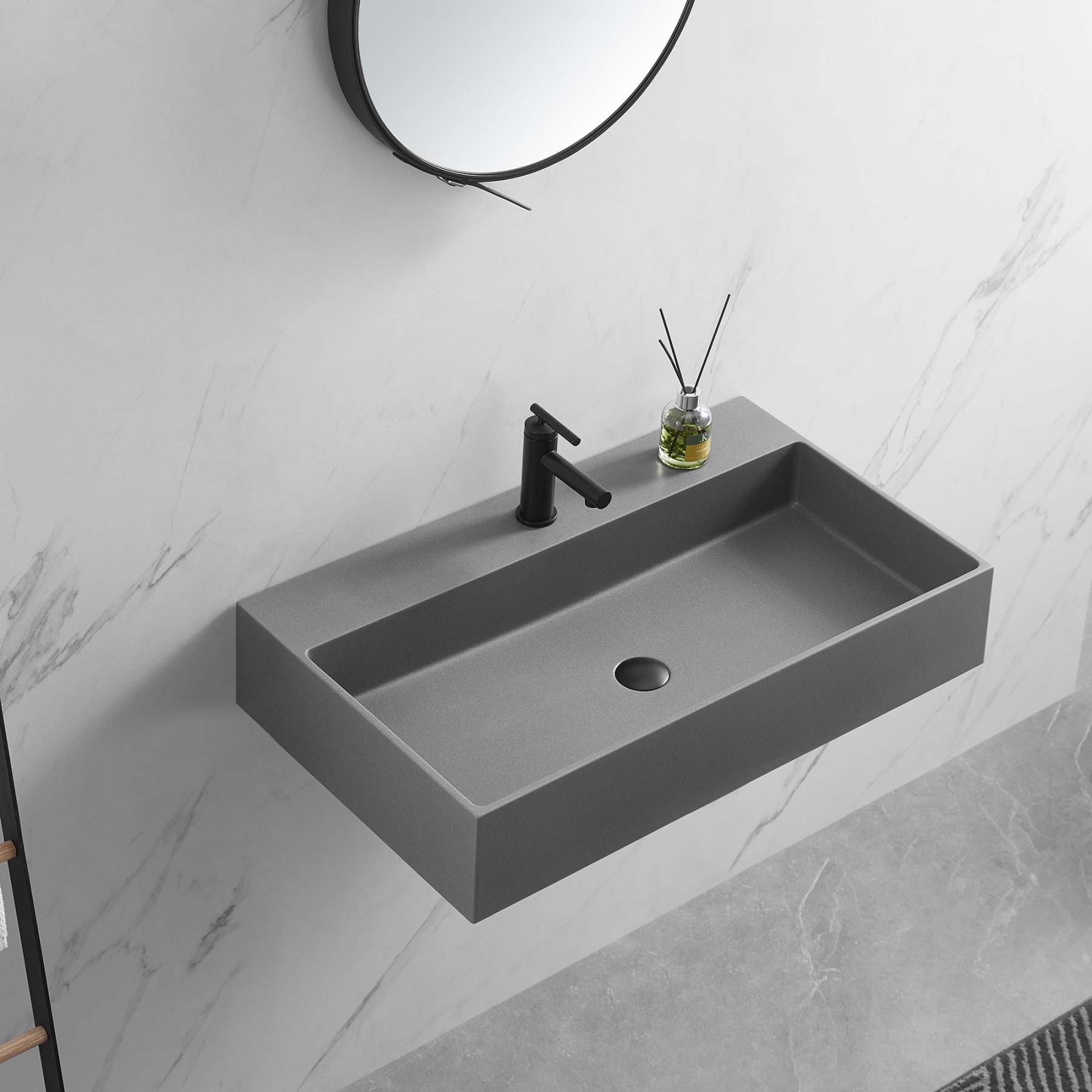 Bathroom sink, Wall-Mount or Countertop Install, 32" Composite Material in Matte Gray with Single Faucet Hole， SVWS601-32GR-Serene Valley