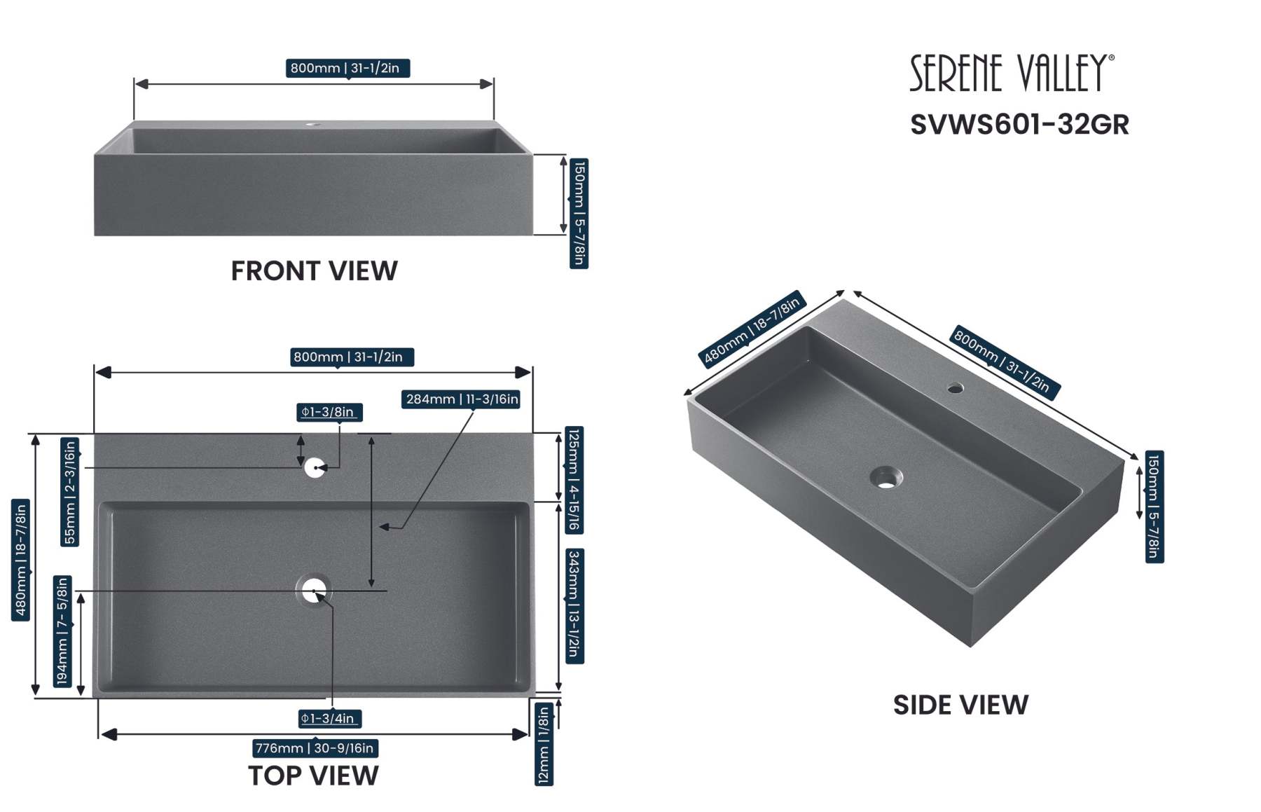 Bathroom sink, Wall-Mount or Countertop Install, 32" Composite Material in Matte Gray with Single Faucet Hole， SVWS601-32GR-Serene Valley