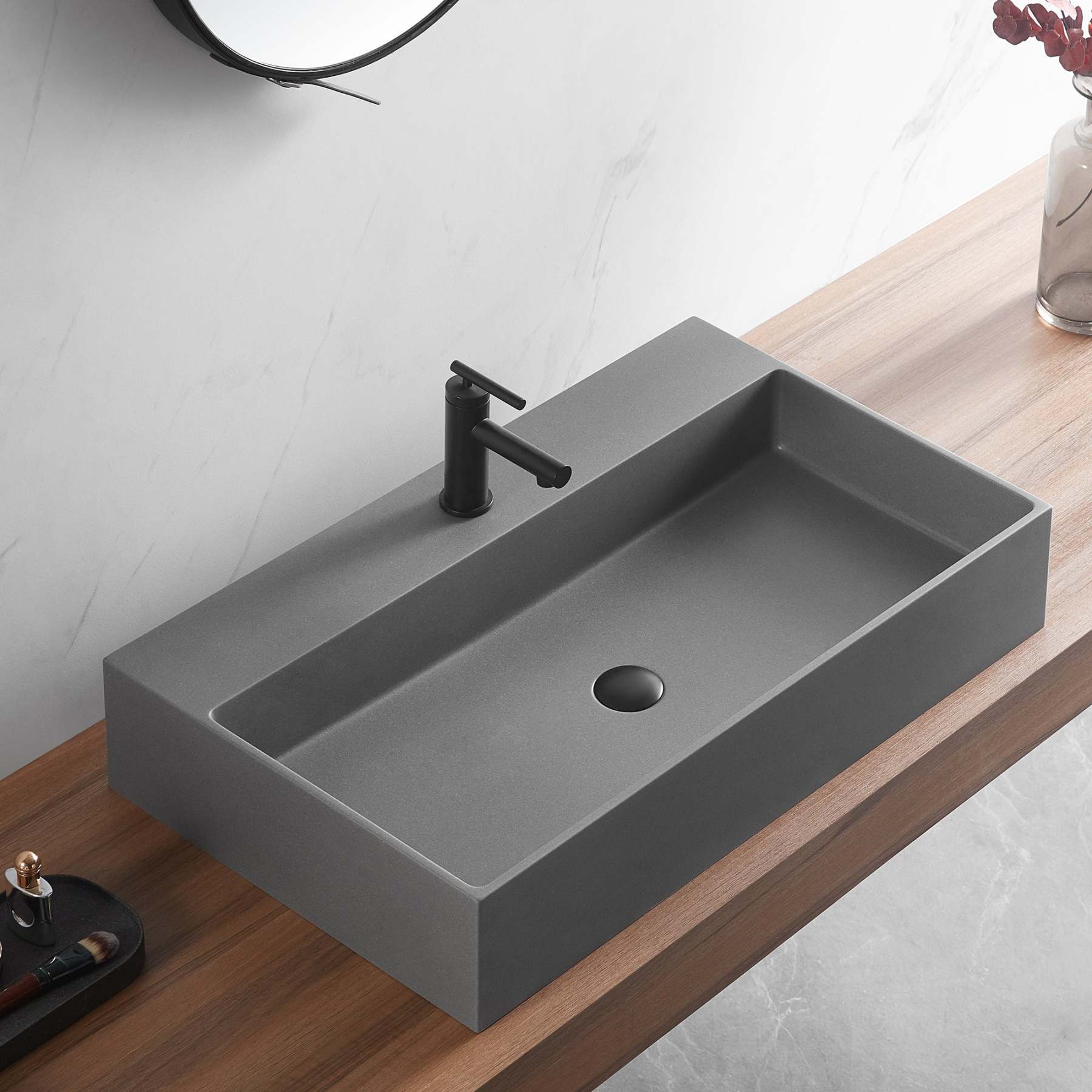 Bathroom sink, Wall-Mount or Countertop Install, 32" Composite Material in Matte Gray with Single Faucet Hole， SVWS601-32GR-Serene Valley