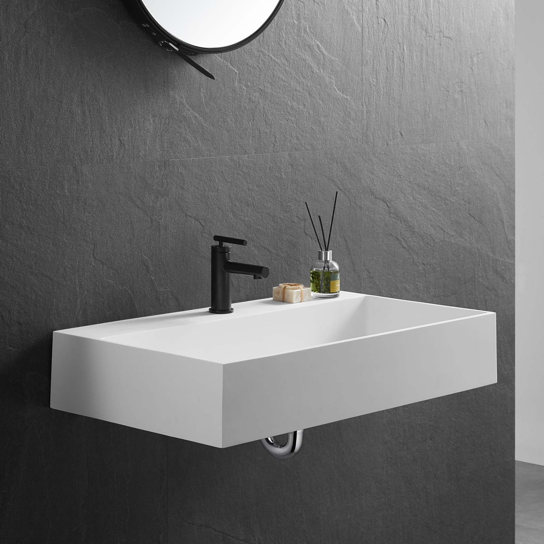 Bathroom sink, Wall-Mount or Countertop Install, 32" Solid Surface in Matte White with Single Faucet Hole， SVWS601-32WH-Serene Valley