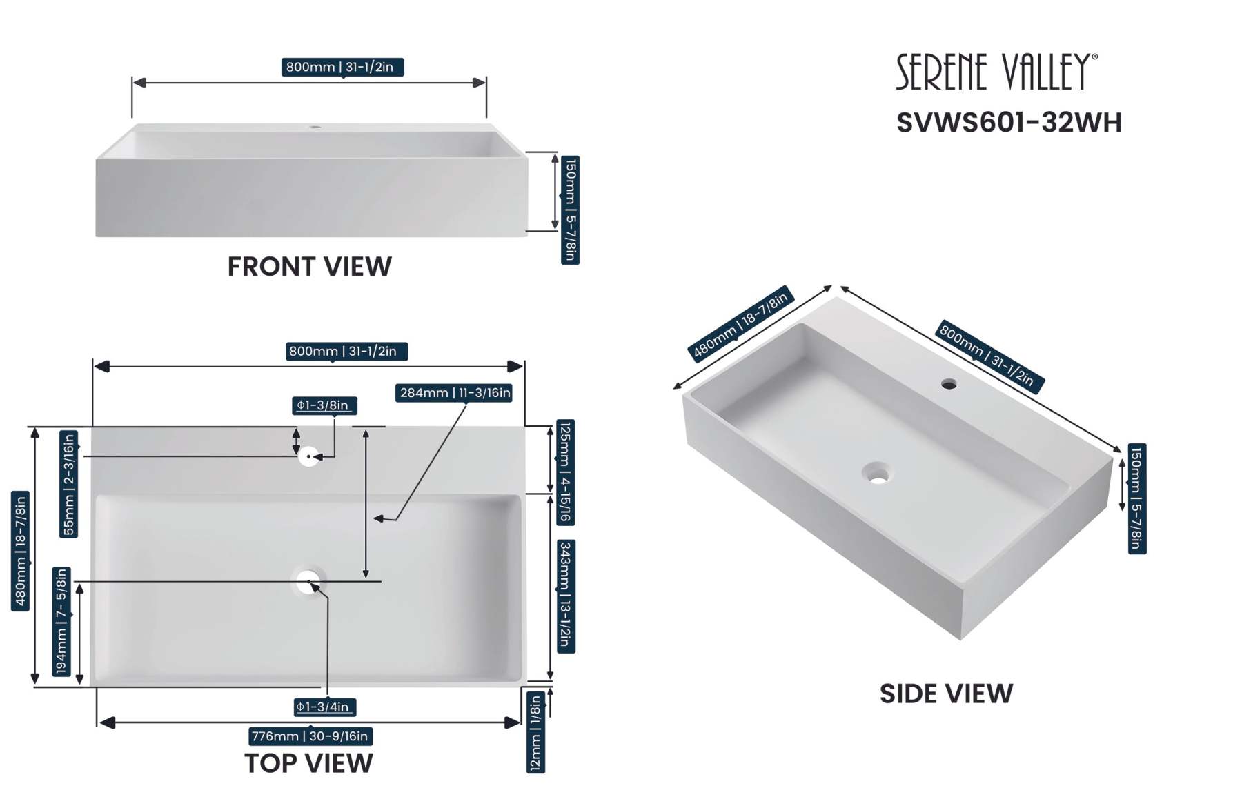 Bathroom sink, Wall-Mount or Countertop Install, 32" Solid Surface in Matte White with Single Faucet Hole， SVWS601-32WH-Serene Valley